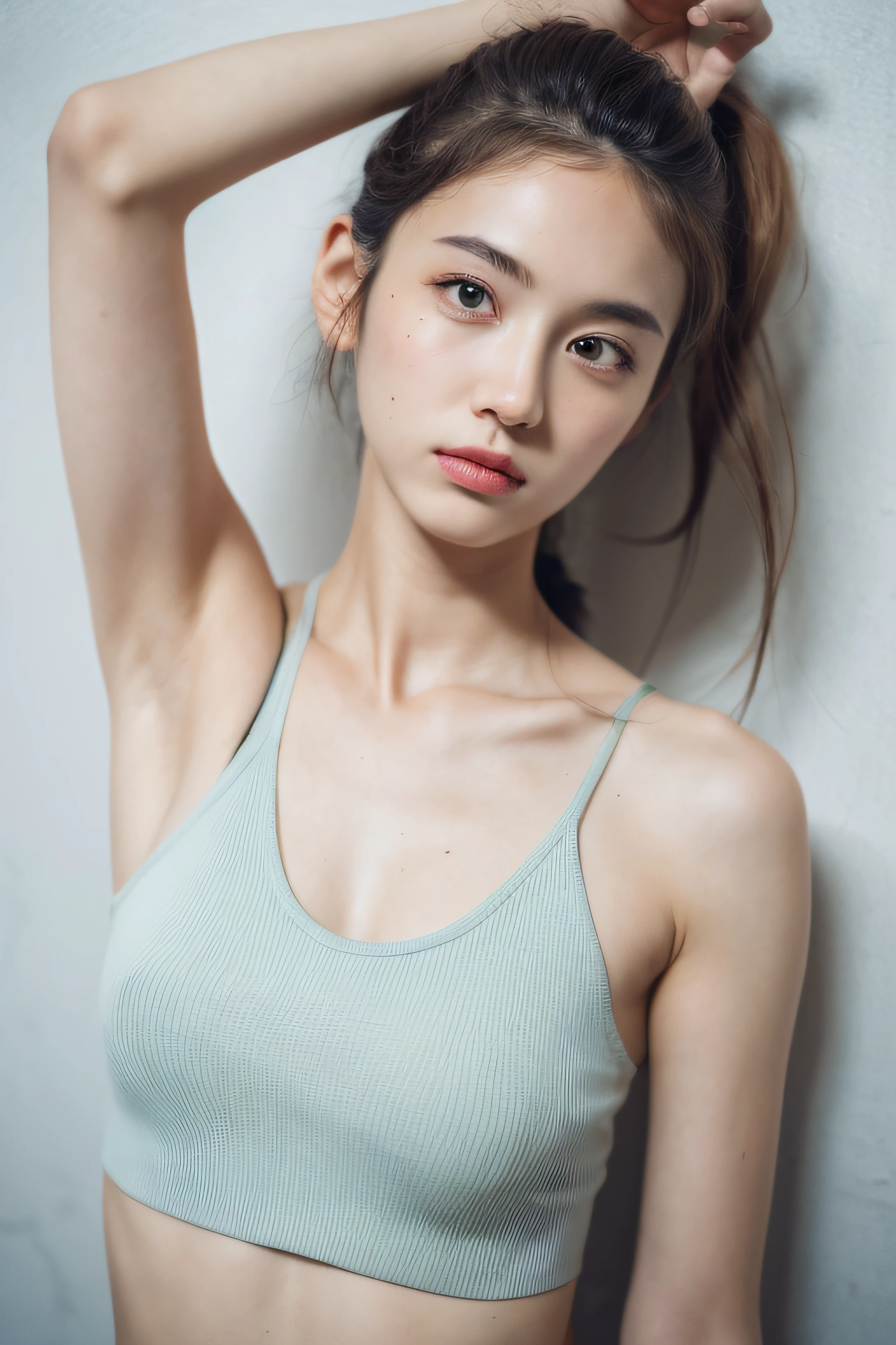 ((Best quality, 8k, Masterpiece :1.3)), 1girl, Pretty woman with emphasizing slender abs :1.3, (random hairstyles :1.2), Oversized tank top :1.2, Ultra-detailed face, Detailed eyes, Double eyelid, armpit