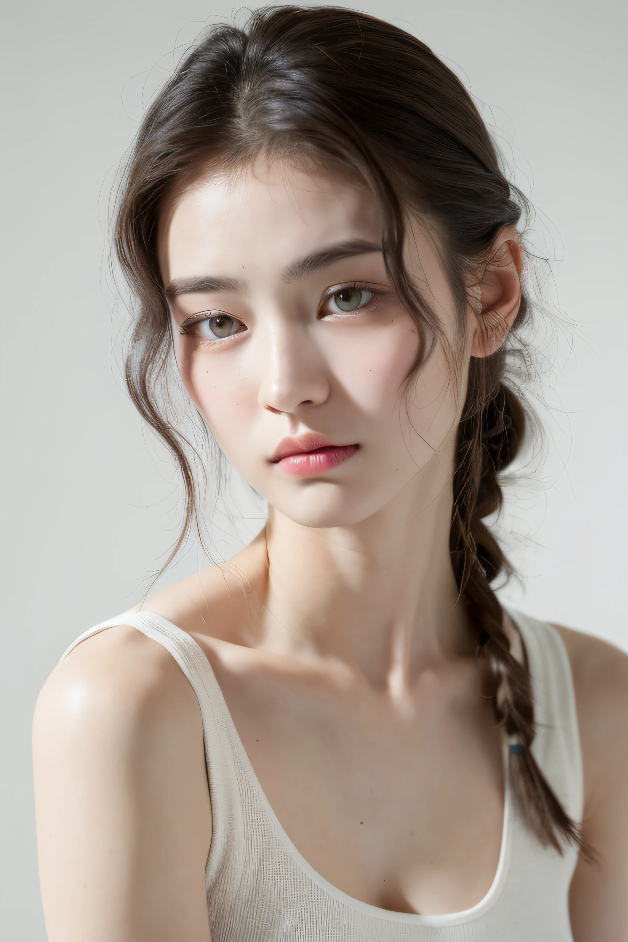 ((Best quality, 8k, Masterpiece :1.3)), 1girl, Pretty woman with emphasizing slender abs :1.3, (random hairstyles :1.2), Oversized tank top :1.2, Ultra-detailed face, Detailed eyes, Double eyelid, armpit