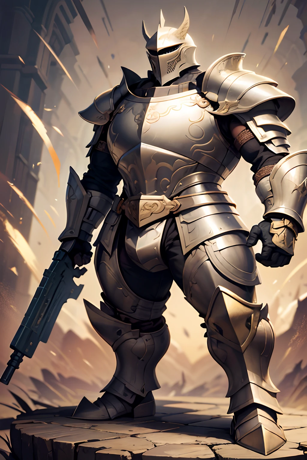 Game character standing drawing design，Disney animation，style of disney animation，an heavyknight，Quaint and heavy armor，Fur shoulders，Stout limbs，Muscle explosions，Equipped with huge riding guns，Different layers overlay，Different angles，（Left view full body：1.4），solid color backdrop，clean backdrop，depth of fields，high light，Real light，Ray traching，OC renderer，UE5 renderer，Hyper-realistic，best qualtiy，8K，Works of masters，super-fine，Detailed pubic hair，Correct anatomy，