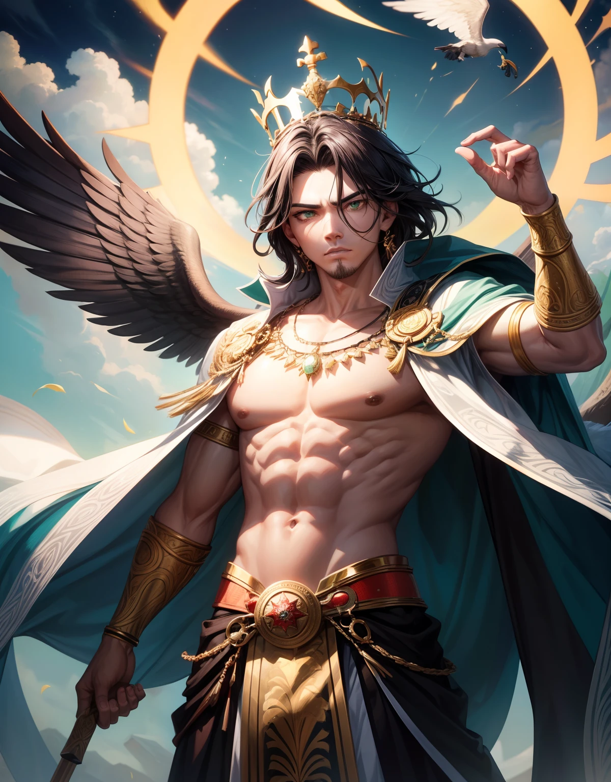 um jovem em pose real e poderosa. O personagem fica em meio a cinzas rodopiantes, exuding an aura of strength and authority. With a crown on top of the head, He radiates the confidence of a true king. In one hand, ele segura uma espada reluzente, a symbol of his dexterity and leadership. A crow perches on his outstretched arm, a loyal companion who adds an air of mystery to his character. Seus cabelos negros caem pelos ombros, framing his determined and intense expression. His piercing green eyes are filled with a mixture of determination and wisdom. O estilo de arte deve capturar sua natureza, mantendo um ar de realeza e poder.