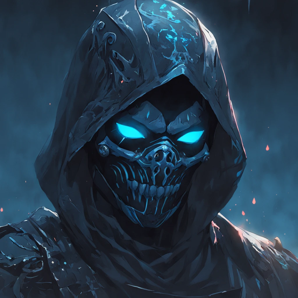 Noob Saibot, Cyber Ninja Mask, Detalles de Cyberpunk, Armadura pesada, magia oscura, Magia de muertos vivientes, Retrato de cuerpo entero, Mortal Kombat Fighter, hiperrealista, More detailed background, 8k, Mundo fantasma, tactical armor, negro y azul, Tar fluid textures, viscosidad negra, Disturbing mood, Creepy lighting, oscuro, skulls, Aesthetics of Diablo games