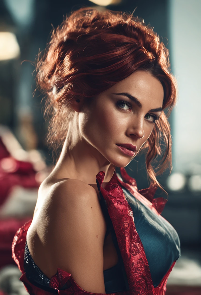 photo of megan fox, beautiful woman hair updo upsweep, red head, laying in bed (spreading legs), (full body:1.3), sexy figure, (big boobs:1.3), (laced stockings),(masterpiece) (best quality) (detailed) (8k) (HDR) (wallpaper) (cinematic lighting) (sharp focus) (intricate)