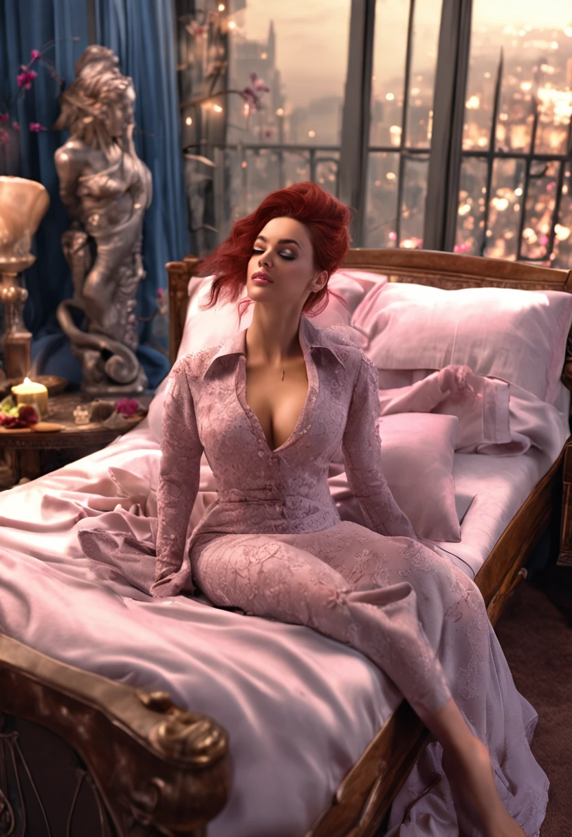 photo of megan fox, beautiful woman hair updo upsweep, red head, laying in bed (spreading legs), (full body:1.3), y figure, (big boo3), (laced stockings),(masterpiece) (best quality) (detailed) (8k) (HDR) (wallpaper) (cinematic lighting) (sharp focus) (intricate)
