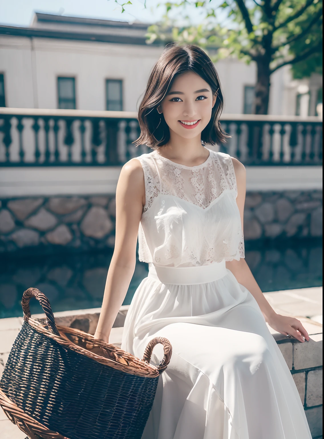(8K、top-quality、masterpiece:1.2)、(realisitic、Photorealsitic:1.37)、ultra-detailliert、 1 人、cute little、独奏、Beautiful detailed sky、Detailed Cafe、natta、sitting on、date、(Nasal blush)、 (A smile:1.15)、(a closed mouth)small tits、Fine and beautiful eyes、(shirt with collar:1.1)、natta、Wet、Transaction service、Sateen、White lace、(A dark-haired、short-hair:1.2)、Float NovaFrogStyle、toppless、White Ruffled Chiffon Sleeveless Top, White Tulle Maxi Skirt Dress, Mermaid Line, wicker basket bag.