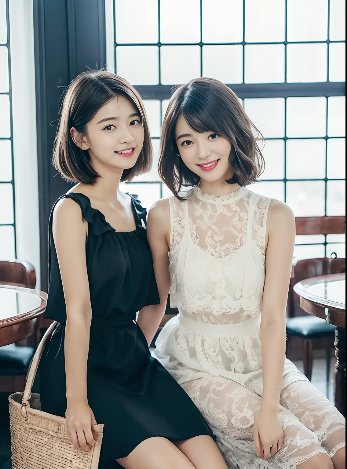 in 8K、top-quality、masterpiece:1.2)、(realisitic、Photorealsitic:1.37)、ultra-detailliert、女の子 1 人、cute little、Soio、Beautiful detailed sky、Detailed Cafe、sitting on、date、(Nasal blush)、 (A smile:1.15),(Closed),((((huge tit)))),Beautiful fineness,(shirt with collar:1.1),Wet,Business Wear,Sateen,White lace,(short-hair:1.2),Floating Hair NovaFrogStyle,