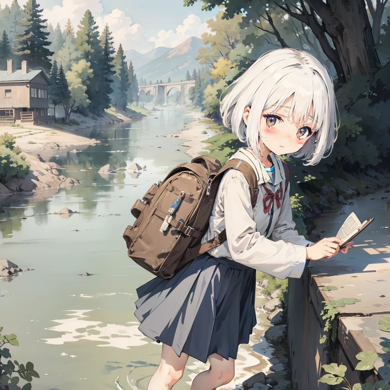 Watercolor illustration, Perfect anatomy, Masterpiece, Best quality, 1girll, ****,elementary student， Solo, (with short white hair:1.2), Elementary School Uniform, bookbag，Nature, during night,  stands aside the river, landscape