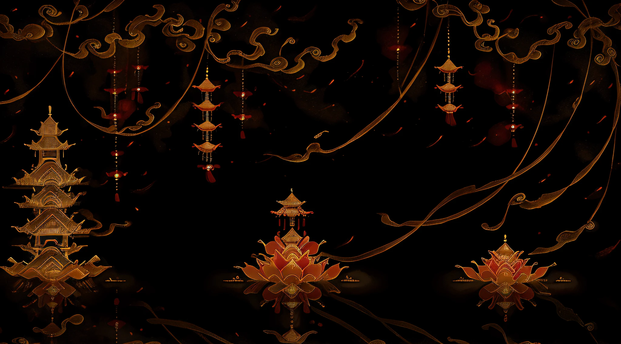 dream of the red chamber, fireworks display, mythical beasts, chinese ancient painting, old fabric texture, by song dynasty