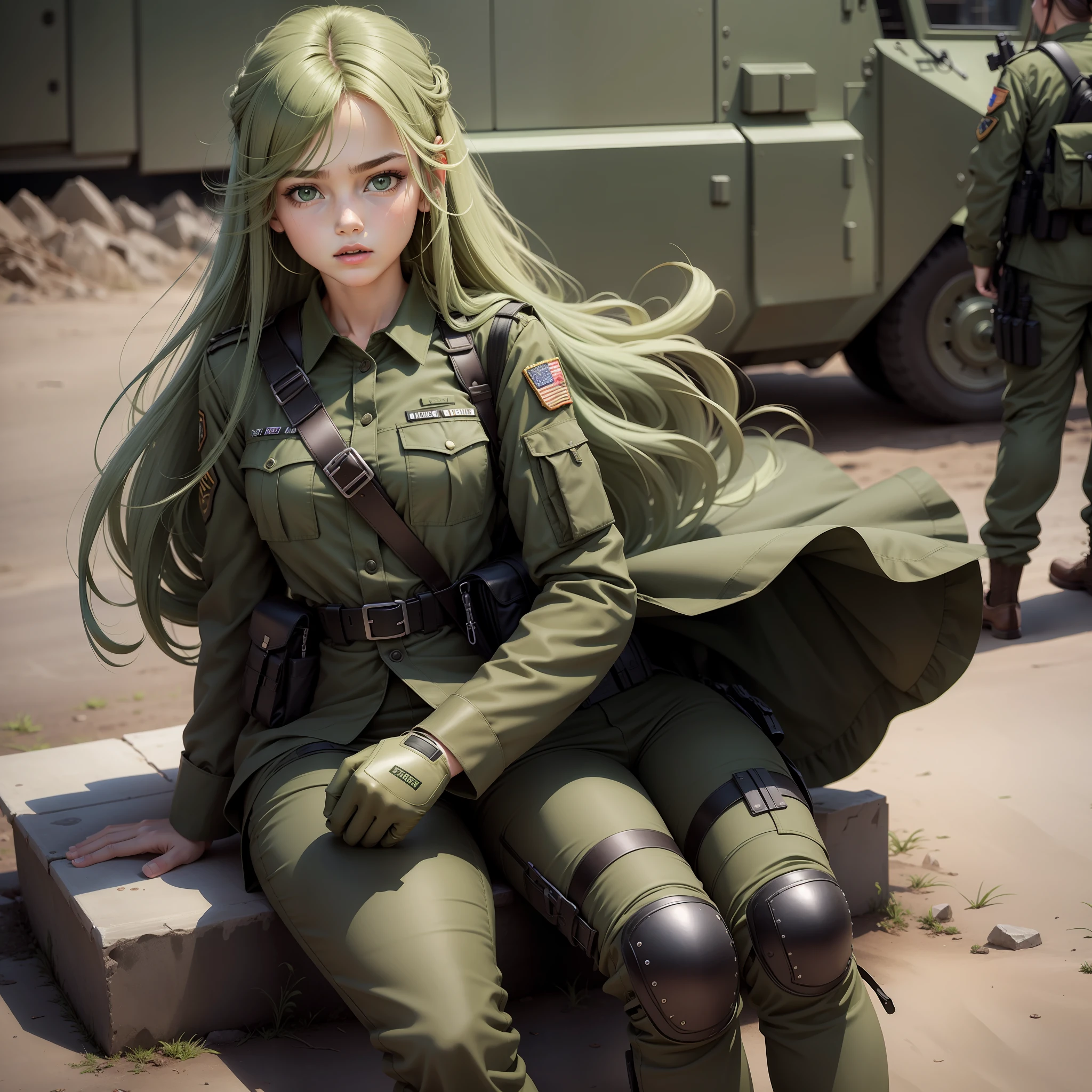 Two-dimensional style,Conscription advertisements,s girl,army suit,green long hair