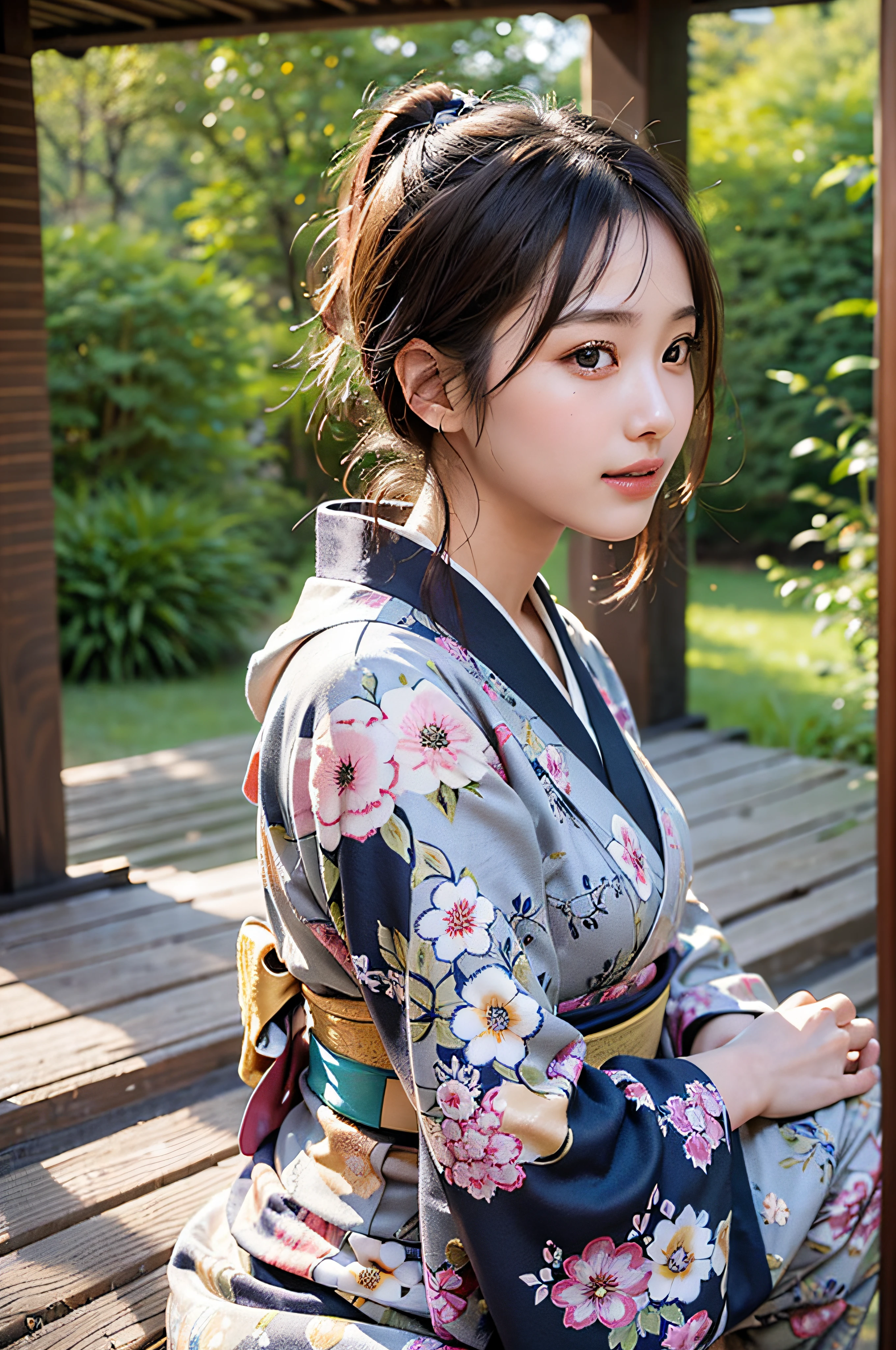 (Photorealsitic:1.4), (Top image quality:1.0), (超A high resolution:1.0), 8K, Raw photography, (masterpiece:0.2), (pureerosface_v1:0.5)、(Best Quality Detail:1.2)、realisitic、8K UHD、hight resolution、(1girl in:1.2)、The ultra-detailliert、High quality textures、intricate detailes、detaileds、Very detailed CG、High quality shadows、Detail Beautiful delicate face、Detail Beautiful delicate eyes、depth of fields、Ray traching,1girl in, japanaese girl, Cute, slender, Black kimono, Kimono with Japanese pattern,Floral scrunchie, Beautiful skin, Facing the front,Sit down, Sit upright and say thank you,Align your hands elegantly,Smile faintly The Land of Japan,Japanese garden,Luxury Japanese-style room, skyporn, Magic Hour, (Realistic:1.3), Finely detailed, quality, (masutepiece:1.2), (Photorealistic:1.2), (Best Quality), (Intricate details), Dramatic, Ray tracing, photograph, +Lola