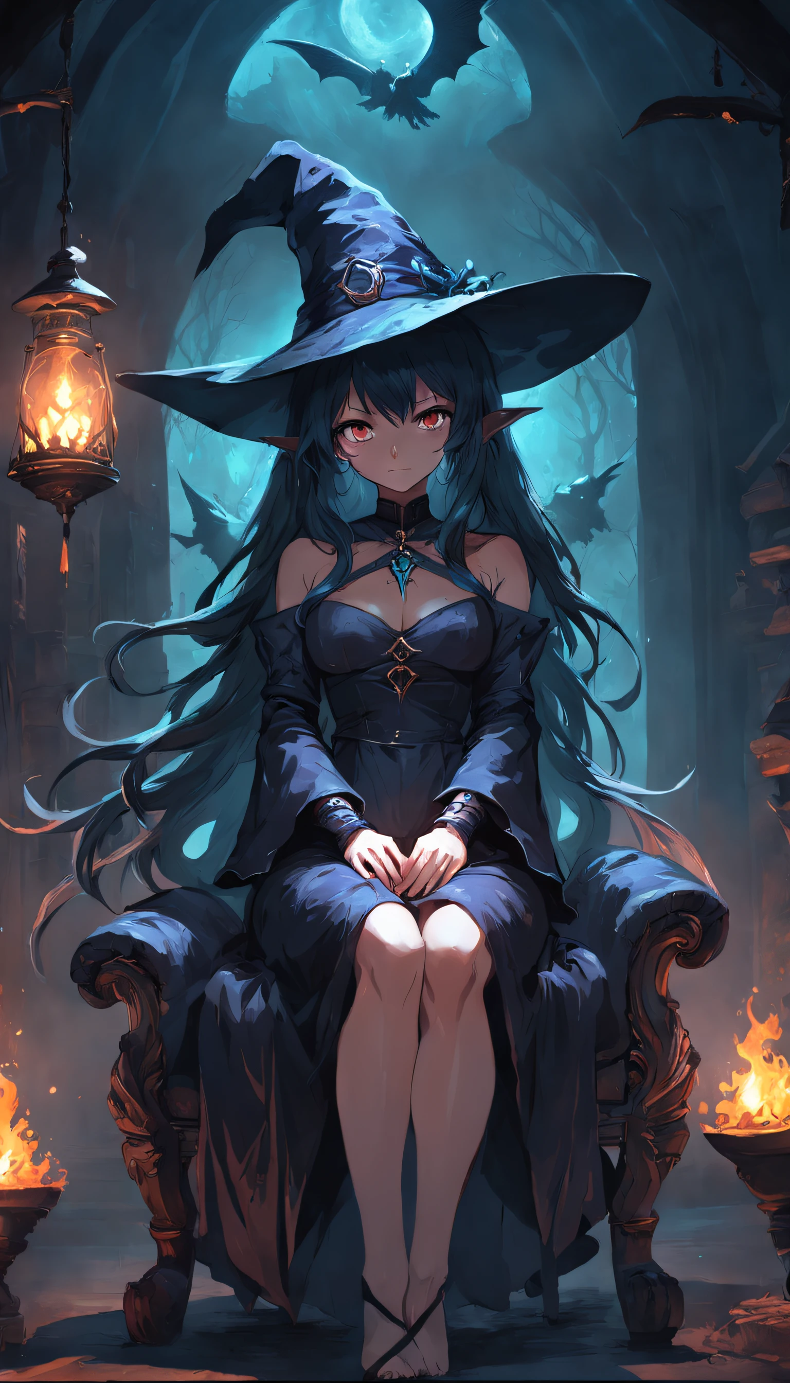 sorceress woman,Witch hat,An old witch sits in a Kadilau chair in the background,She was holding a Soniste crow ,tmasterpiece,darkly,light and shadow effect,film effect,(((the detail)))k hd,Super detail, Textured skin, 8K,Magnificent, Celestial, Ethereal, painting of a, Epic, Majestic, magical, Fantasy art, Cover art, Dreamy
