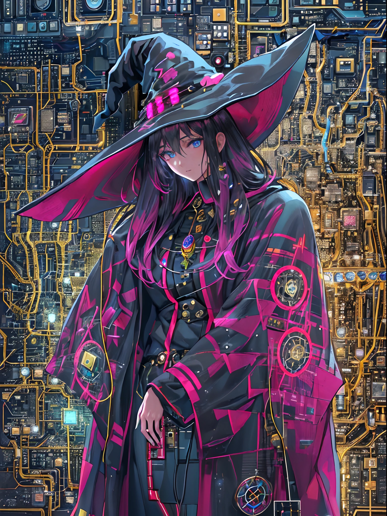 The electronic witch looks into the world. All the information that constantly flows through her. (Wearing Witch Hat and robe with electronic circuit pattern:1.5), hyper real, rich colored, black based detailed delicate cell anime work, Glossy highlights that look like wet, (Best quality), (masterpiece:1.3), ultra-detailed, (realistic), (photorealistic), , Modest exposure,