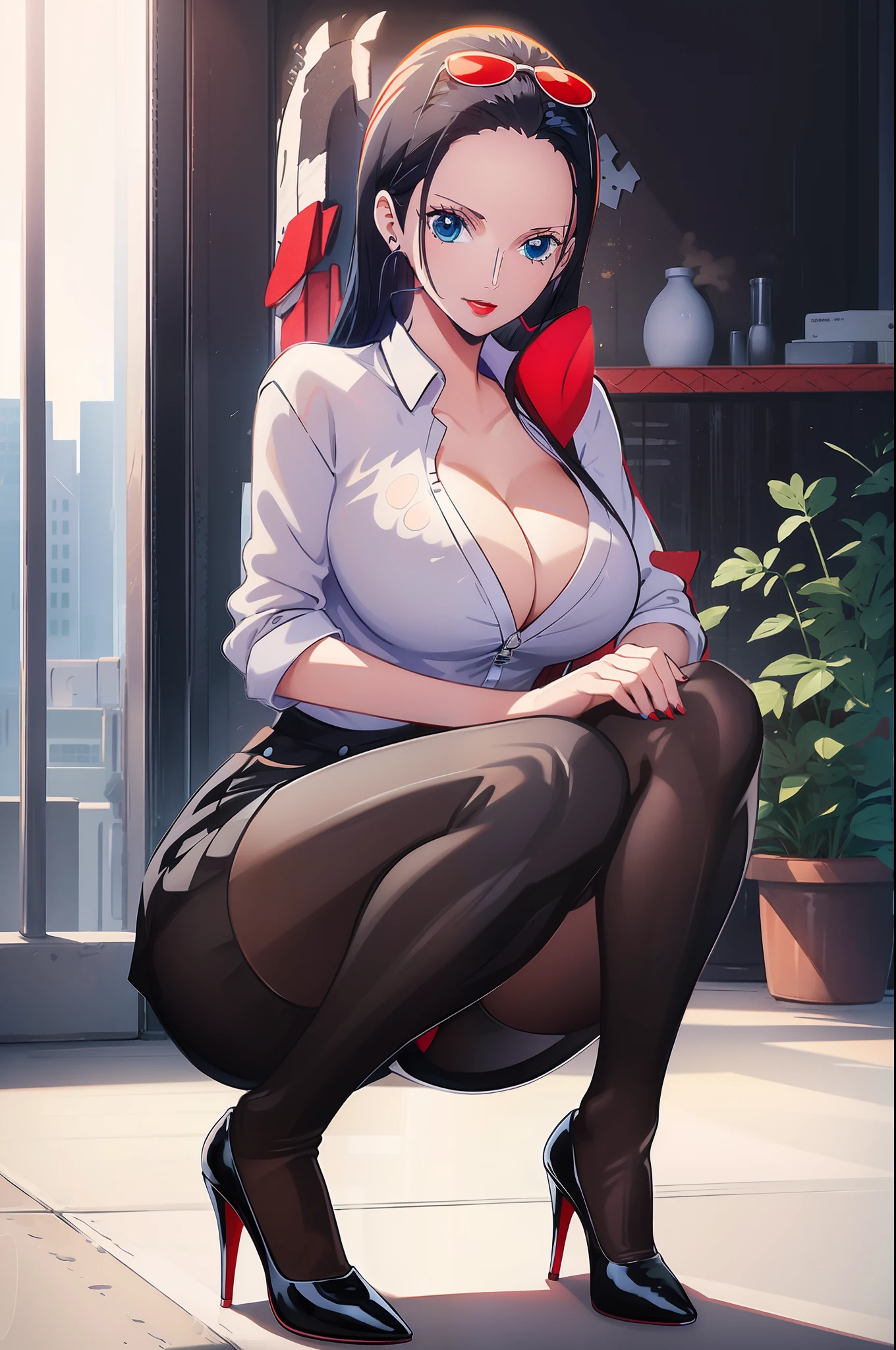 Girl, red lips, long hair, black hair colors, blue eyeball colors, big nose, big tits, fair skin, white office clothes colors, black office skirt colors, black stockin colors, black high heels colors, wearing earrings, wearing a watch, sexy body, squat pose, elegant pose, beautiful girl, in room, realistic