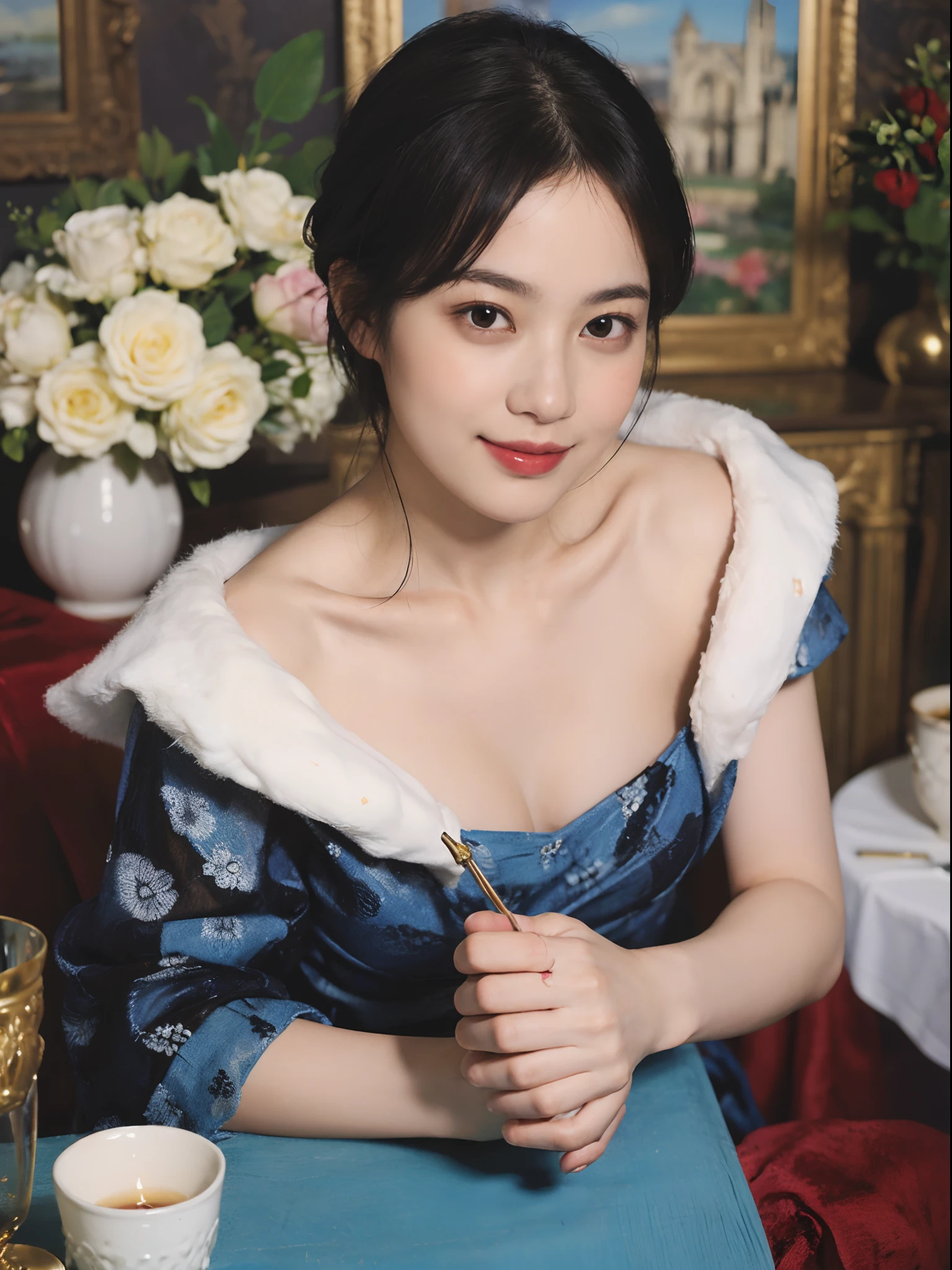 (Oil Painting: 1.5), \\ Woman with short black hair, ((Luxurious room)), (Amy Saul: 0.248), (Stanley Agar Liu: 0.106), (detailed paintings: 0.353), (Gothic art: 0.106), vases, with floral pattern, (((A slight smil)))