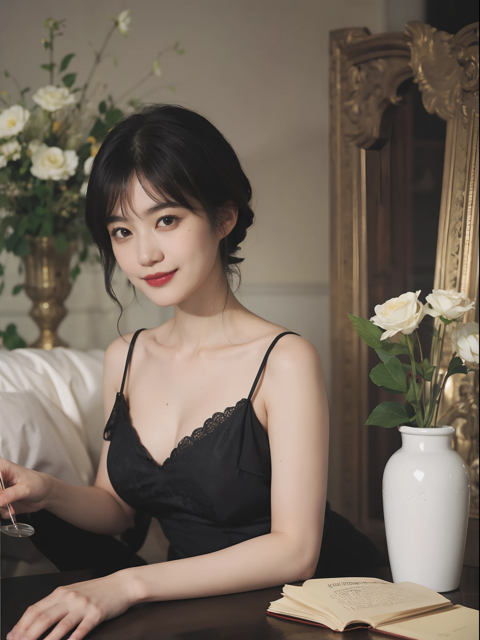 (Oil Painting: 1.5), \\ Woman with short black hair, ((Luxurious room)), (Amy Saul: 0.248), (Stanley Agar Liu: 0.106), (detailed paintings: 0.353), (Gothic art: 0.106), vases, with floral pattern, (((A slight smil)))