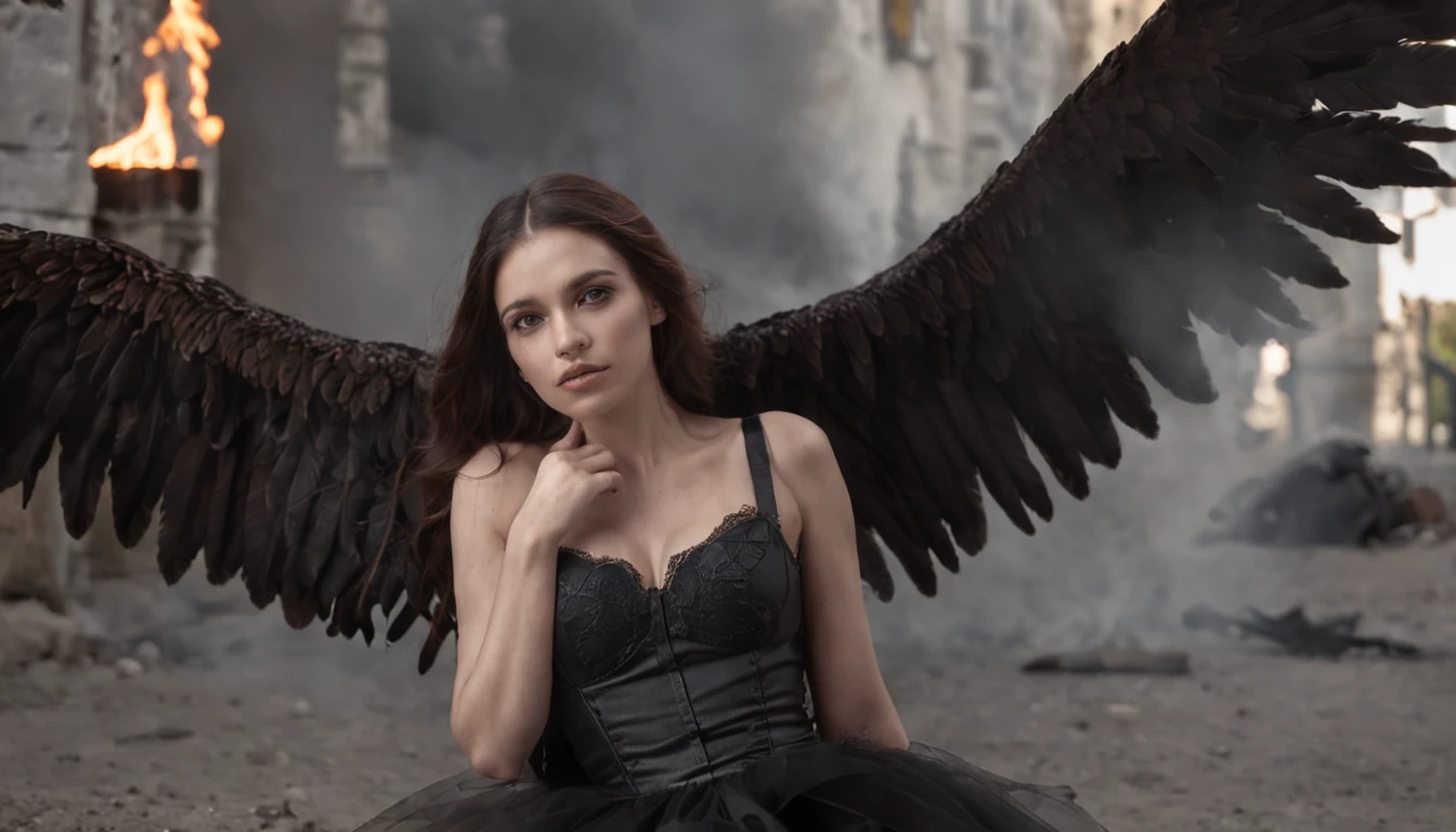 mejor calidad, obra maestra, ultra-high-resolution, (realistic photograph:1.4), surrealismo, Similar to a dream,FusionArt, Female evil fallen angel with huge wings of fire lying on the ground, in an apocalyptic city in flames, staring at the camera, Magia de sombras, Control de la oscuridad, secreto, Paso de sombra, Hechizos fronterizos, Cuchilla oculta,