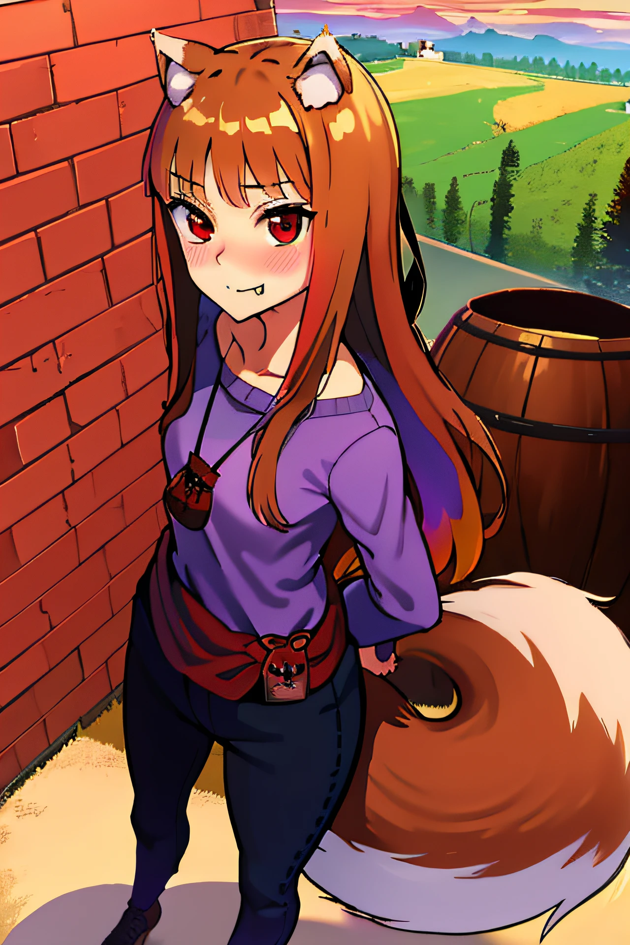 absurdres, best quality, masterpiece, novel illustration,(spice and wolf), (((holo))), (spicytail), (koume keito:1), (ayakura juu:1), (kawakami rokkaku:1), looking at viewer, wolf_ears, wolf_girl, wolf_tail, holo, animal_ears, 1girl, long_hair, brown_hair, purple_shirt, solo, brick_wall, blush, pouch, fang, red_eyes, smug, barrel, arms on hip, from front,