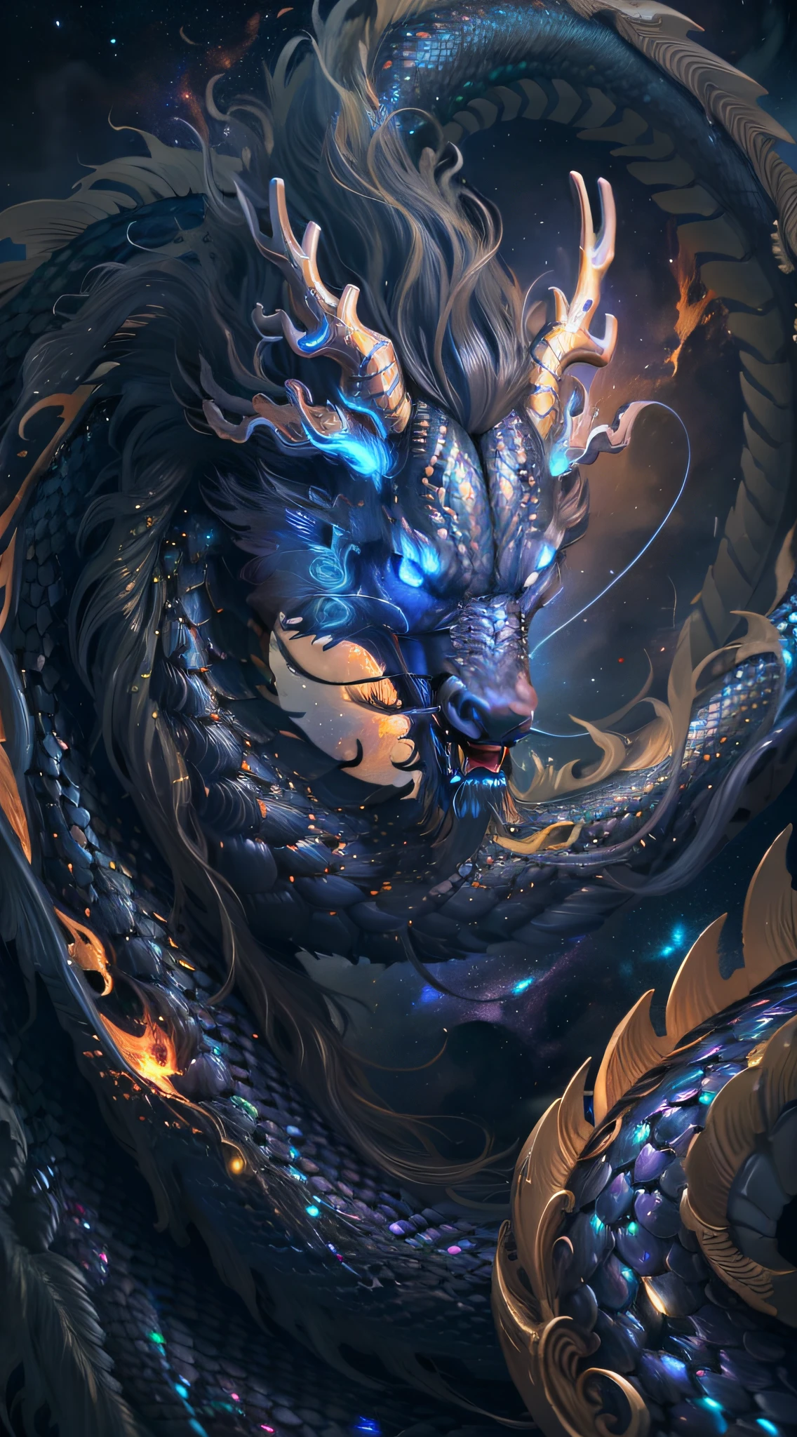 In a dimension where stars collide, the legendary Orochi serpent emerges as an embodiment of celestial fury. Its body is a symphony of radiant colors, mirroring the birth of stars. Its eyes blaze with cosmic fire, and tendrils of energy arc around its form like ethereal lightning. The serpent's presence commands both awe and fear, as it harnesses the power of the cosmos itself, Amidst a cosmic maelstrom, where galaxies spiral and stars explode, the serpent reigns supreme, Epic, cataclysmic, and transcendent, evoking the power of celestial forces.Style: Ultra-realistic digital painting with intricate details and a dynamic interplay of colors.Execution: Rendered in a hyper-realistic style, using advanced digital techniques to capture the complex interstellar environment and the serpent's celestial energy,