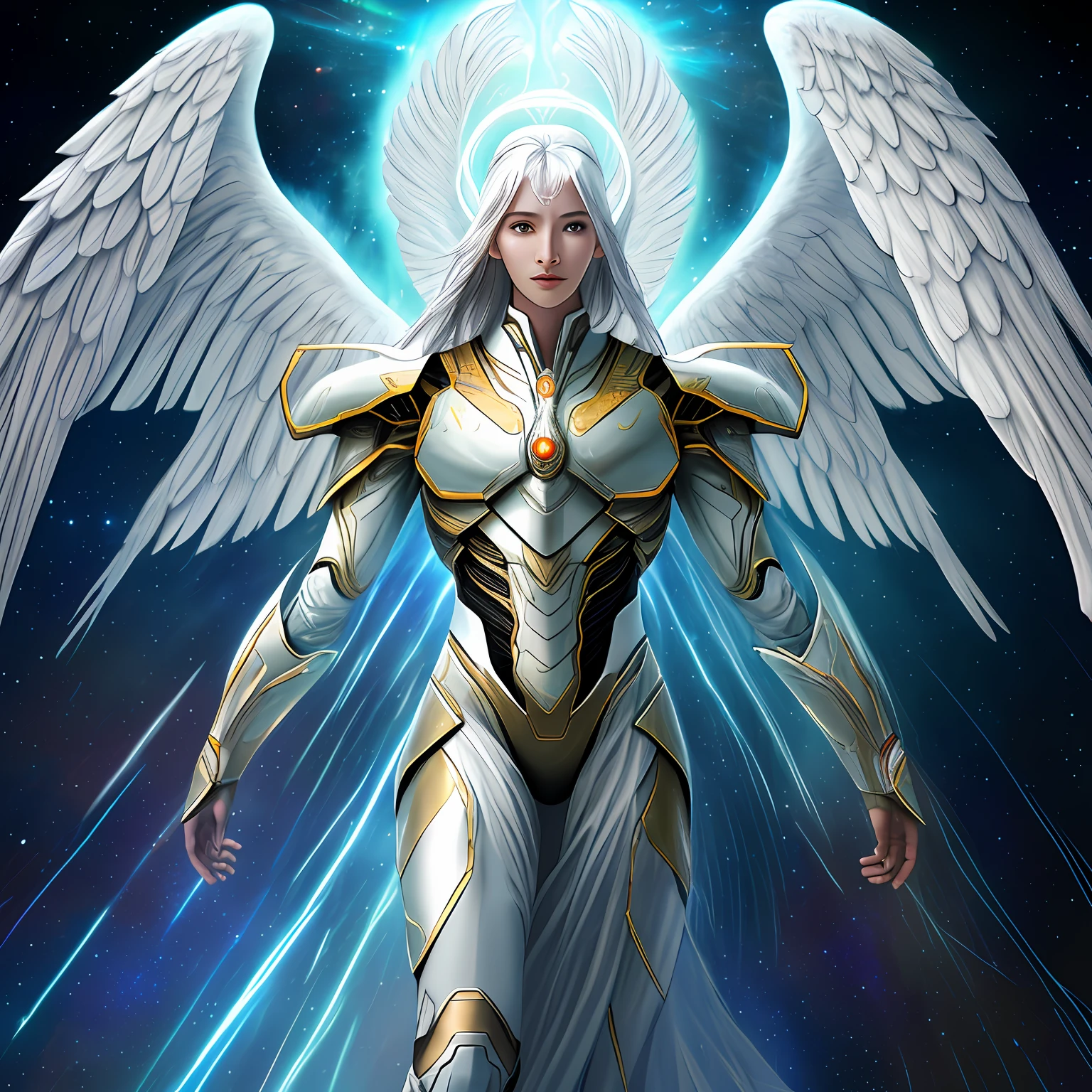 Alien appearance humans, angelic, selestial, full body, beautiful, spiritual being, benevolent, with an aura on the head, sorindo, with radiant energy, archangel miguel style, galactic confederation, high quality, ultra-realistic, professional photography, human,