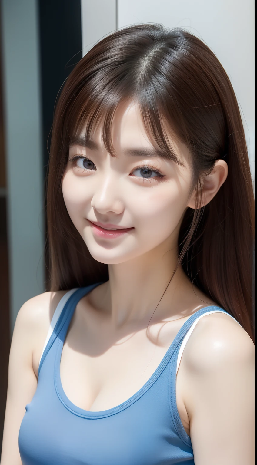 realistic photos of 1 cute Korean star, hair between eyes, white skin, thin makeup, 32 inch breasts size, slightly smile, blue v-neck tank top, shorts, in shopping mall, upper body portrait, blind box toy style,UHD