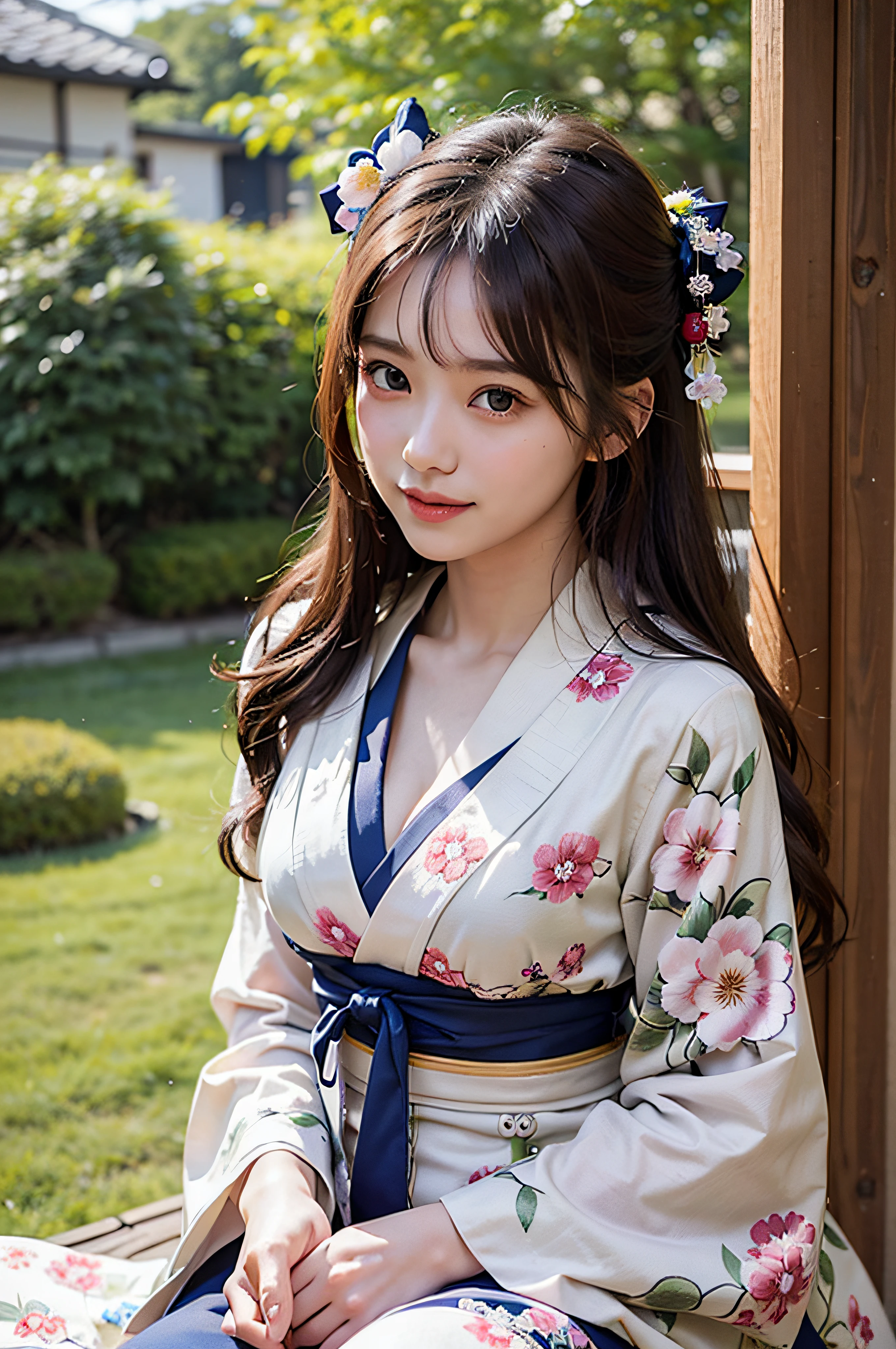 (Photorealsitic:1.4), (Top image quality:1.0), (超A high resolution:1.0), 8K, Raw photography, (​masterpiece:0.2), (pureerosface_v1:0.5)、(Best Quality Detail:1.2)、realisitic、8K UHD、hight resolution、(1girl in:1.2)、The ultra-detailliert、High quality textures、intricate detailes、detaileds、Very detailed CG、High quality shadows、Detail Beautiful delicate face、Detail Beautiful delicate eyes、depth of fields、Ray traching,1girl in, japanaese girl, Cute, slender, Black kimono, Kimono with Japanese pattern,Floral scrunchie, Beautiful skin, Facing the front,Sit down, Sit upright and say thank you,Align your hands elegantly,Smile faintly The Land of Japan,Japanese garden,Luxury Japanese-style room, skyporn, Magic Hour, (Realistic:1.3), Finely detailed, quality, (masutepiece:1.2), (Photorealistic:1.2), (Best Quality), (Intricate details), Dramatic, Ray tracing, photograph, +Lola