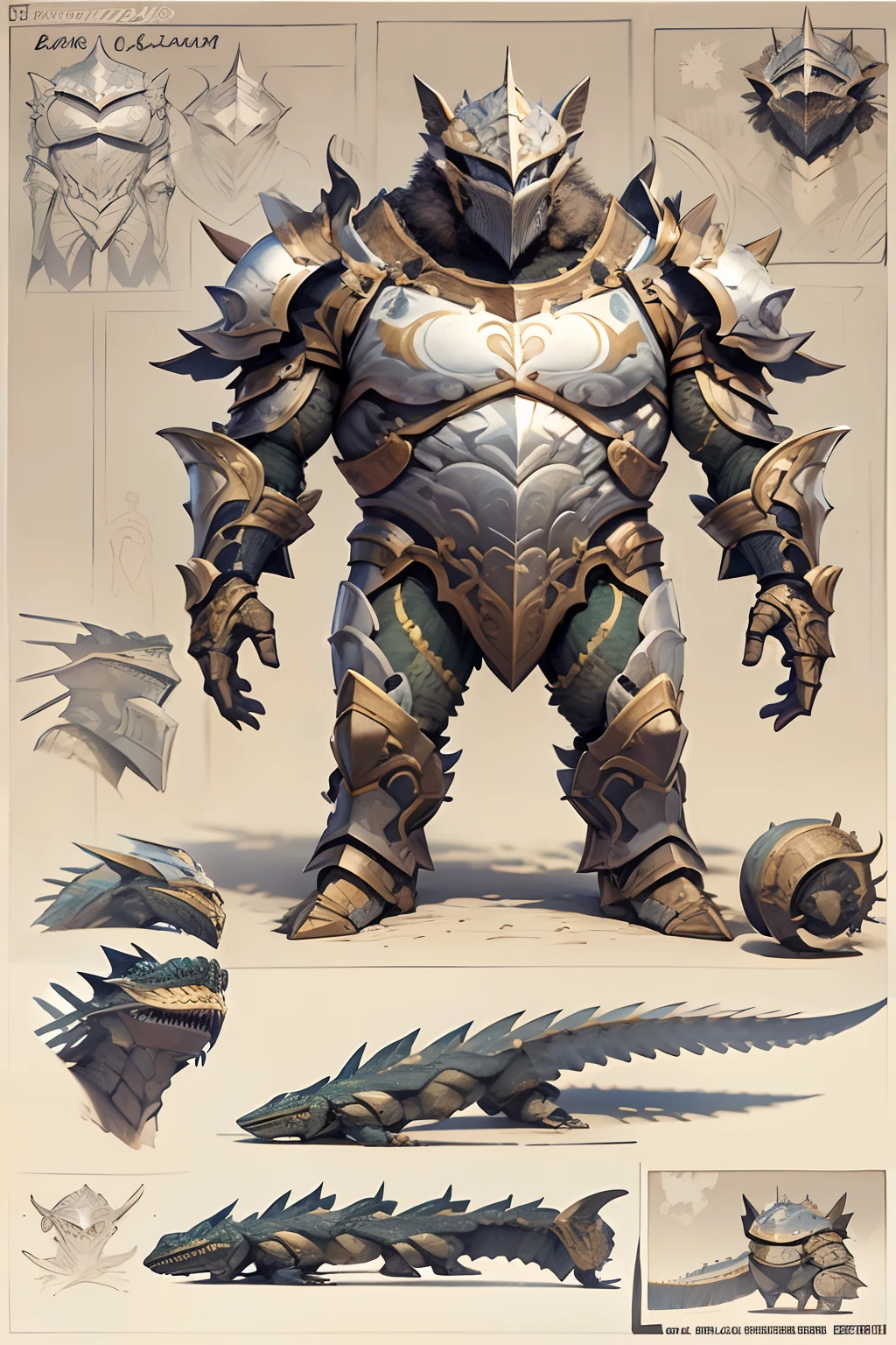Game character standing drawing design，Disney animation，style of disney animation，Reloaded Lizard Knight，coda，Quaint and heavy armor，Fur shoulders，Stout limbs，Muscle explosions，Equipped with huge riding guns，Different layers overlay，Different angles，（Left view full body：1.4），solid color backdrop，clean backdrop，depth of fields，high light，Real light，Ray traching，OC renderer，UE5 renderer，Hyper-realistic，best qualtiy，8K，Works of masters，super-fine，Detailed pubic hair，Correct anatomy，