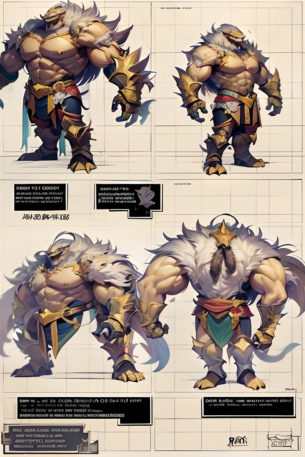 A character reference sheet with multiple dynamic poses of a masculine chubby anthropomorphic chinese foo dog als known as a guardian lion. with large tusks, mane and fluffy tail and an autumn motif. Strong, masculine, mischievous, kind