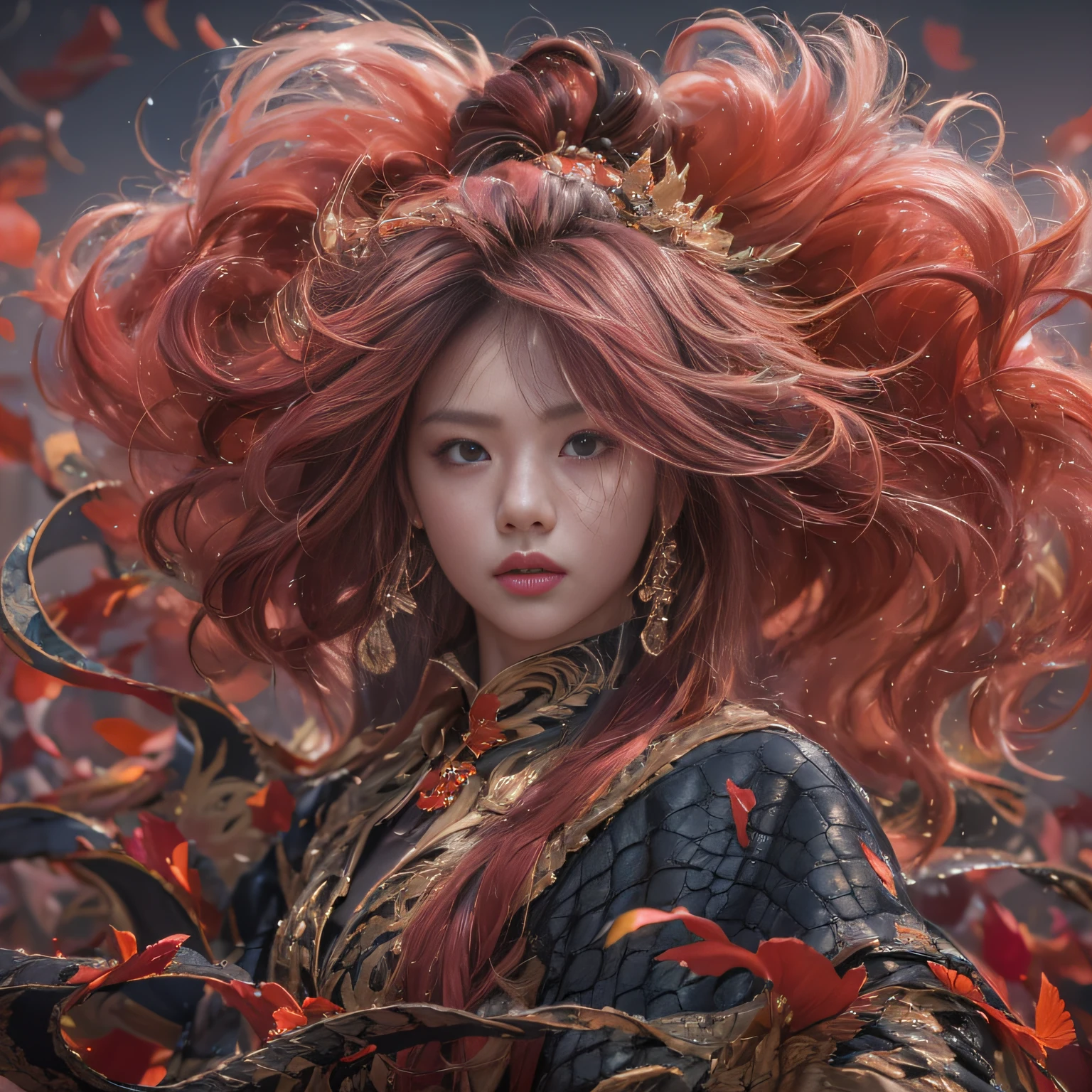32K(tmasterpiece,k hd,hyper HD,32K)Flowing ball hairs,Flowing rouge,ponds,zydink, a color, Asian people (Silly girl), (Silk scarf), Combat posture, looking at the ground, Flowing ball hairs, Flowing rouge curls, Crocodile leather tiara, Chinese long-sleeved clothing, (abstract ink splash:1.2), Pink lotus background,Water lily flower protector(realisticlying:1.4),Rouge hair,Autumn is in full swing,The background is pure, A high resolution, the detail, RAW photogr, Sharp Re, Nikon D850 Film Stock Photo by Jefferies Lee 4 Kodak Portra 400 Camera F1.6 shots, Rich colors, ultra-realistic vivid textures, Dramatic lighting, Unreal Engine Art Station Trend, cinestir 800,Flowing ball hairs,Flowing rouge