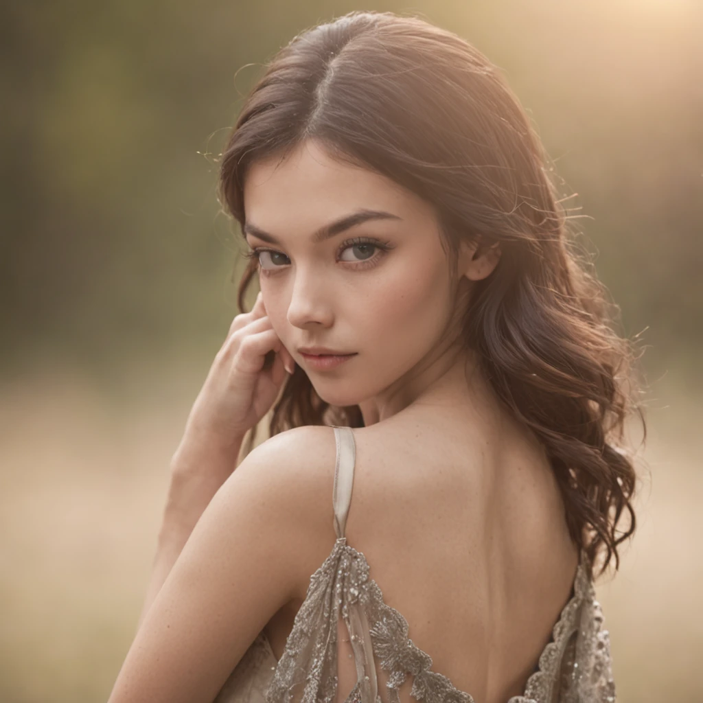 masterpiece, best quality, highres, ultra high res,real, photorealistic,1 female,afternoon,cinematic lighting,looking at viewer,outdoor,full body,hair accessory,smile,arms behind back,ta,bra,pantyhose,grassland,grass,plump body,oval face,straight hair,long hair,exquisite eye makeup,details lips,medium breasts,slim waist,slim thighs,high heels