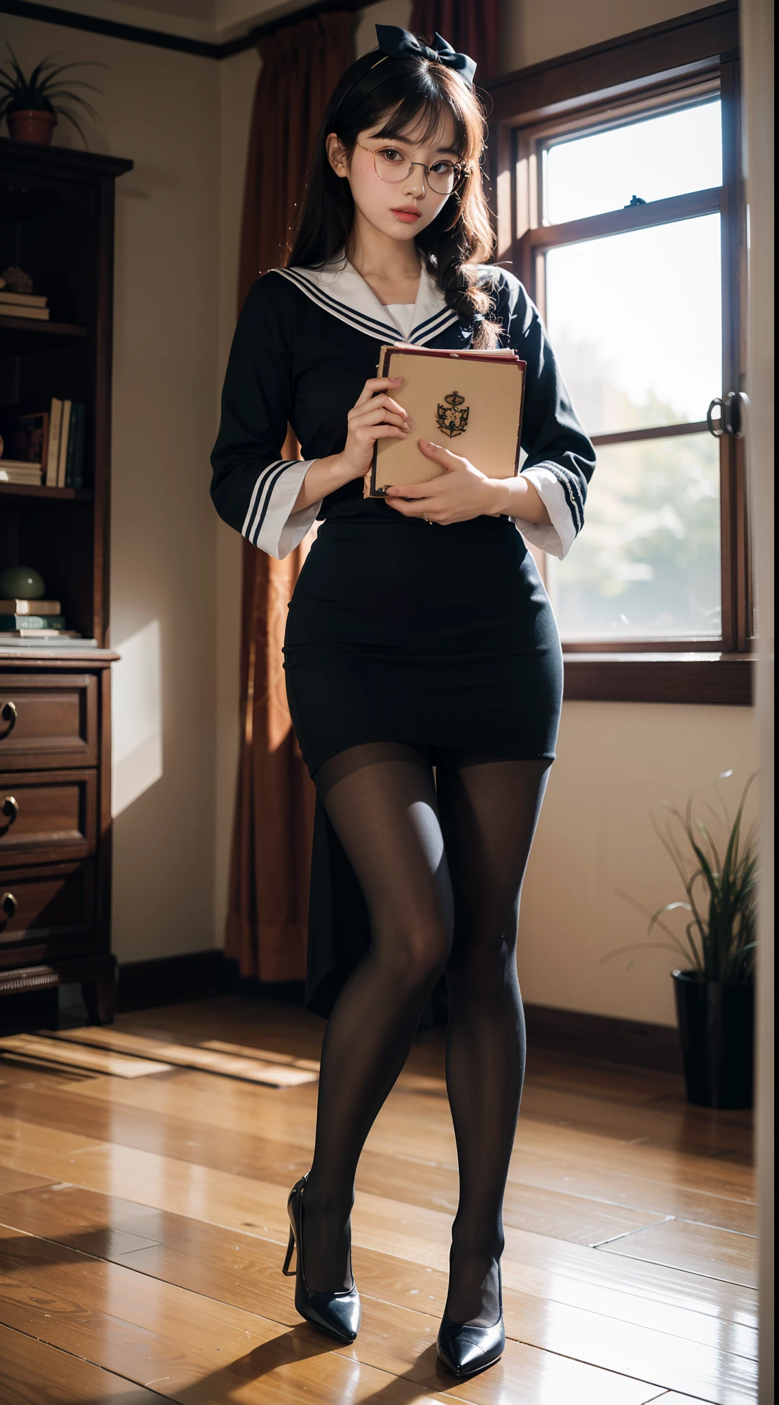 (full body:1.5),(((1girl)):1.3),(view the viewer:1.4),((anatomy correct):1.45),(Sitting on a turtle:1.2),(He wears large glasses and holds a book in his hand:1.15),(shy:1.15),(transparent Sailor dress with ribbons:1.2),(Tan Pantyhose:1.3),( Uniform high heels leather shoes with bows for female students:1.1),(Accurate and perfect face:1.3),hyper HD, Ray traching, reflective light, structurally correct, Award-Awarded, high detail, lighten shade contrast, Face lighting ,cinematic lighting, masterpiece, super detailing, high quality, high detail, best quality, 16k,High contrast,