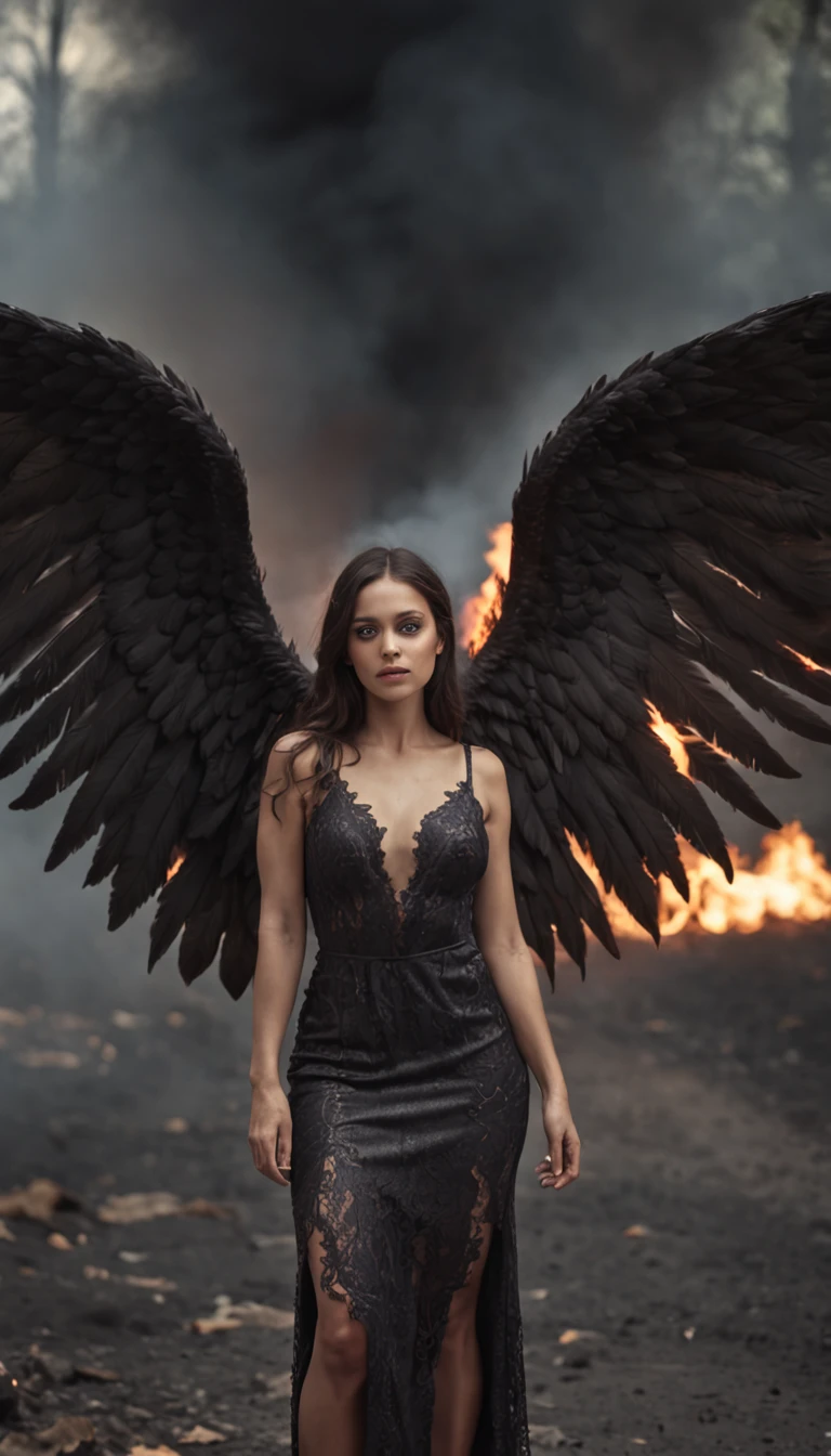 La mejor calidad, Obra maestra, ultrahigh resolution, (realistic photograph:1.4), surrealismo, dream-like,FusionArt, angel caido malvado femenino con alas enormes de fuego tirado en el suelo, en una ciudad apocaliptica en llamas, mirando a la camara, Magia de sombras, Control de la oscuridad, sigilo, Shadowstep, Hechizos de umbral, Cuchilla oculta,
