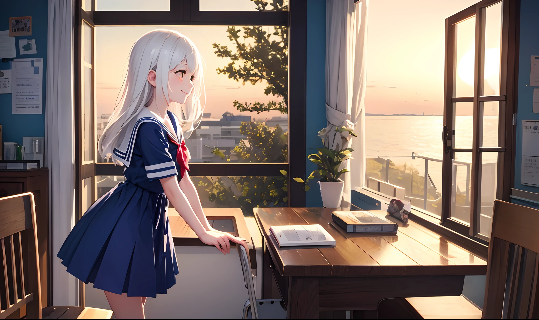masterpiece, best quality, white hair, dusk, sunset, small breasts, bishoujo, light smile, profile,golden eyes,by the window,blue dress,school,small eyes,sailor dress