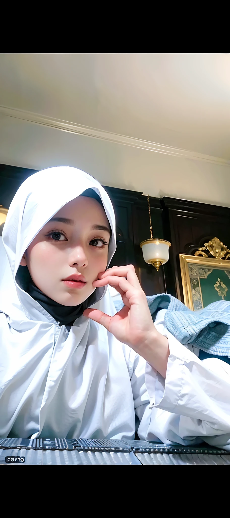 Best quality, masterpiece, ultra high res, (photorealistic:1.4), raw photo, 1girl, in the dark, deep shadow, low key, cold light, muslim girl in the mosque, underwear, bikini,