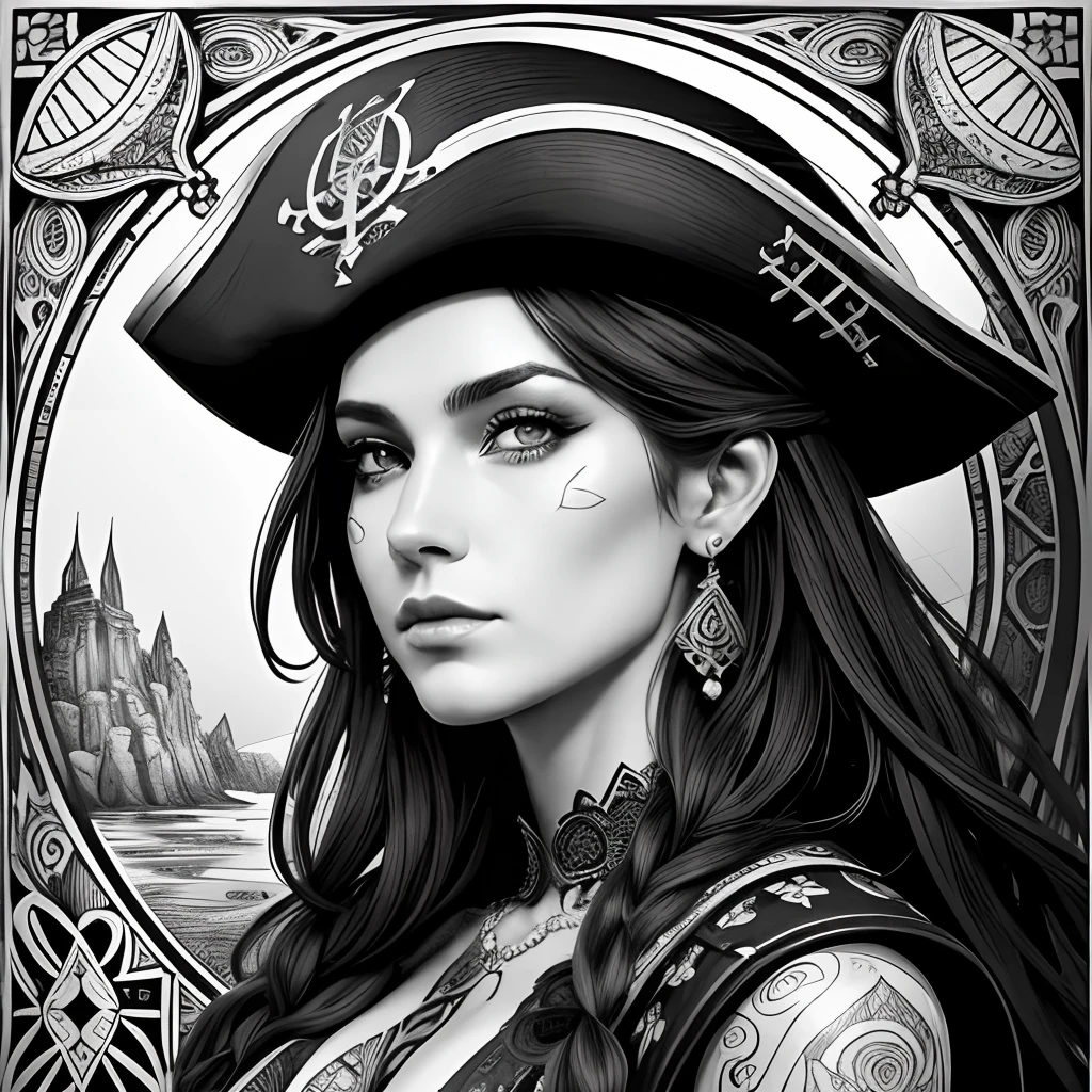 Centred potrait of a female Pirate, black and white, zentangle (best quality) ultra-detailed, fine line drawing, fine line art, coloring book illustration style, intricate linework, highly detailed illustration, perfect composition, beautiful and stunning, dynamic angle, high contrast, incredible shading, incredible detail, unique style, black and white details, (dark and mystical atmosphere), intricate and detailed nature elements.