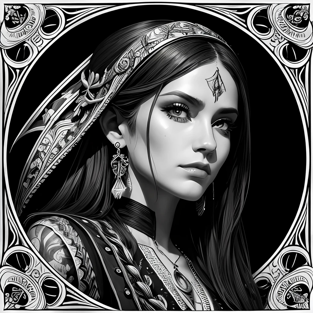 Centred potrait of a female Pirate, black and white, zentangle (best quality) ultra-detailed, fine line drawing, fine line art, coloring book illustration style, intricate linework, highly detailed illustration, perfect composition, beautiful and stunning, dynamic angle, high contrast, incredible shading, incredible detail, unique style, black and white details, (dark and mystical atmosphere), intricate and detailed nature elements.