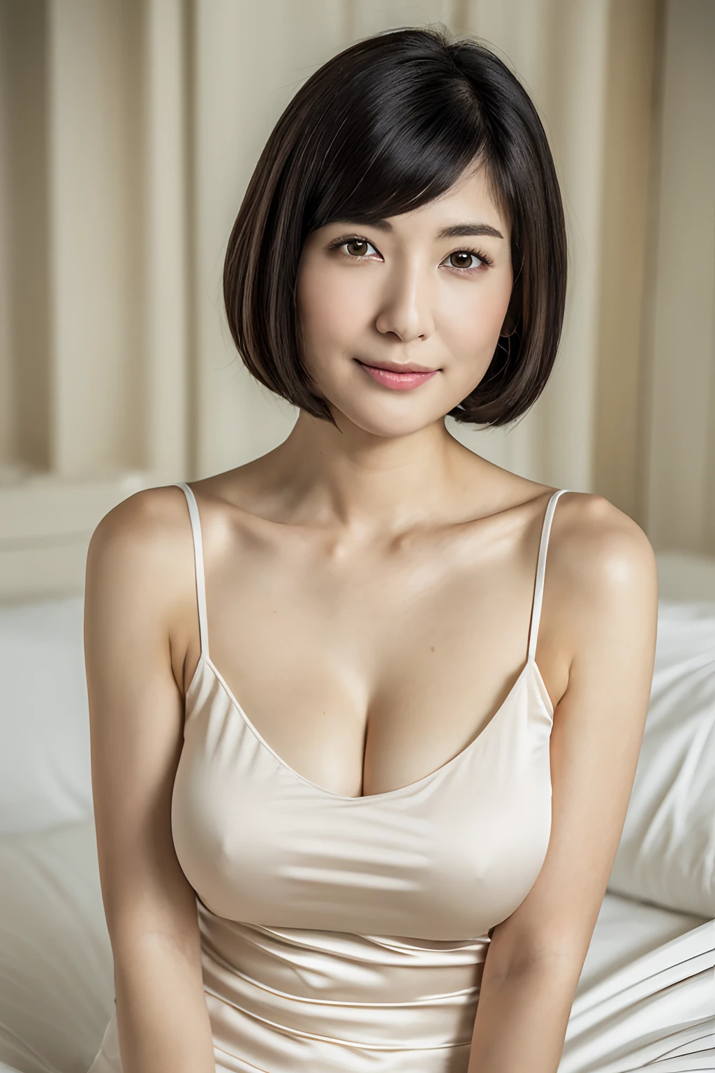 (​masterpiece:1.3), (8K, Photorealsitic, Raw photography, Top image quality: 1.4), japanes, (1girl in), beauitful face, (Lifelike face), (A dark-haired, short-hair:1.3), (straight haired), Beautiful hairstyle, Realistic eyes, beautidful eyes, (real looking skin), Beautiful skin, enticing, 超A high resolution, A hyper-realistic, high-detail, the golden ratio, In the white room of the hotel, ((Camisole)), see the beholder, Colossal tits, cleavage of the breast, Sitting in bed, Look at viewers