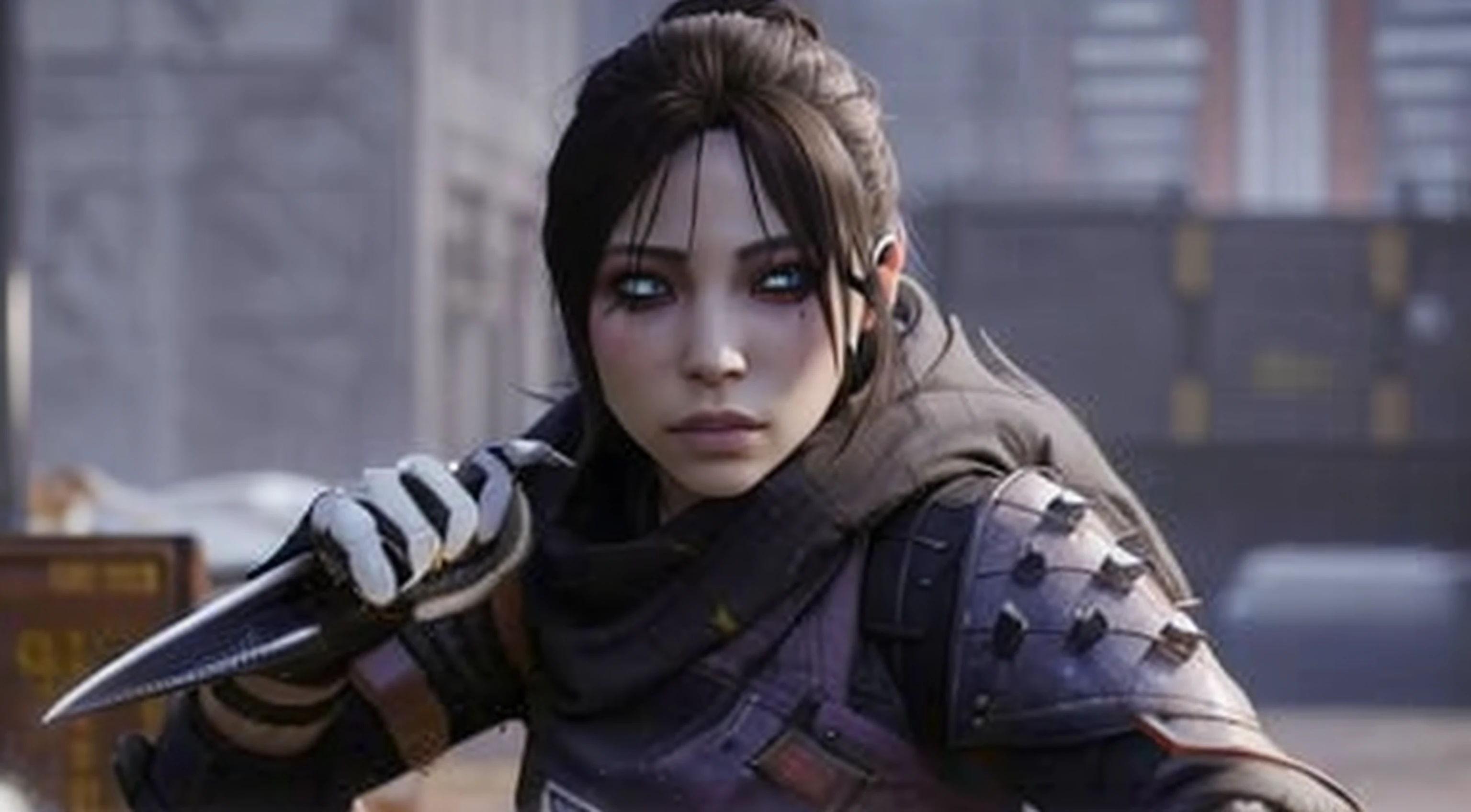 mulher em uma roupa preta e roxa segurando uma faca, Wraith de Apex Legends, Makoto Shinkai ( apex legends ), Personagem de Apex Legends, jett de valorant, Kate Bispo, in style of apex legends, protagonista feminina, imagem do avatar, portrait of apex legends, Cassandra Caim, personagem feminina, Realistic, olhos cinzas