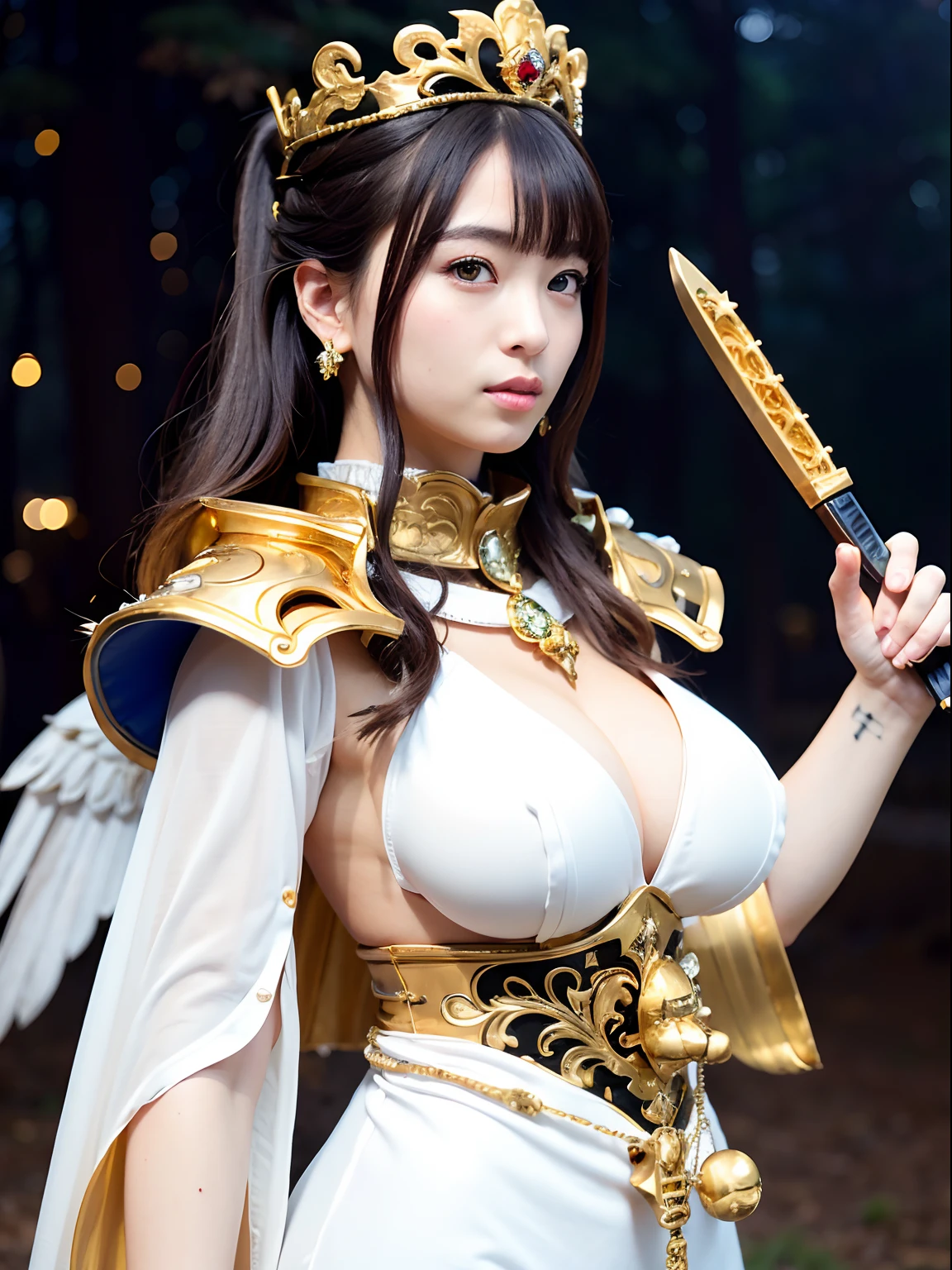 (masutepiece), Professional , ​masterpiece、top-quality、photos realistic , depth of fields （Gemstone Silver Metal Body:1.９),(Matte White、Particles of light、Jewel Gold Weapon、（Gorgeous castle background）、（Jewel Metal Body:1.４),Gorgeous Jewel Metal Weapons , Detailed Sword of the Brave ,（ Soldier background in metal armor）   ,warhammer 40k , adepta sororitas,Detail and ornate jewel crown、独奏、Black hair、（Gangle's forest background）、Beautiful Caucasian beauty、１a person、dynamic ungle,(((Diamond tiara with detail and luxury)))、a small face、A smile、Powerful poses、（Gorgeous castle background）、huge-breasted、20 year old beautiful woman、Stand in the center of the screen、Thin female fingers、Seductive look、