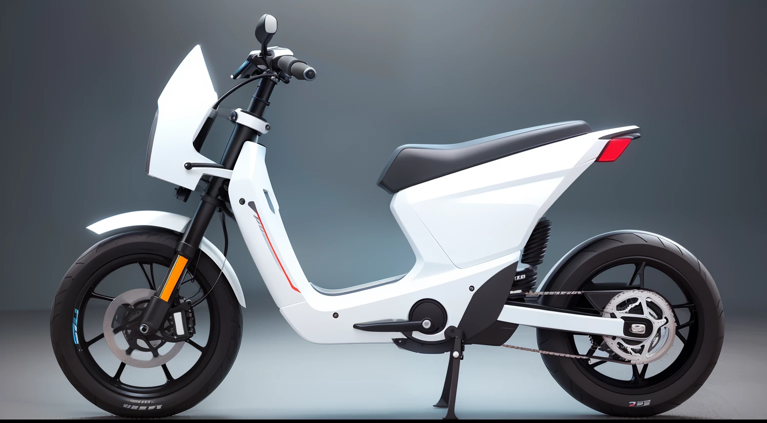 Small white lightweight electric motorcycle，Simple structure，20-inch tires，Small and lightweight，High quality，High detail，Side photo，crisp smooth lines，hd render，Ultra-realistic rendering，extreme render