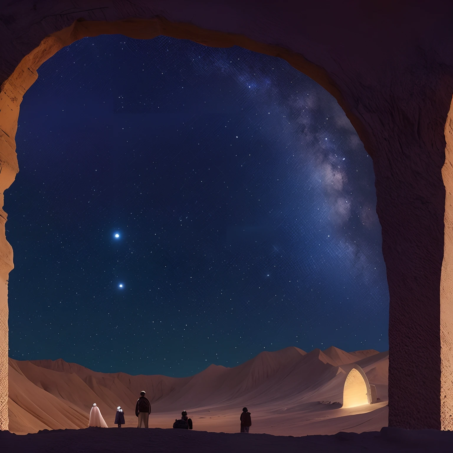 Escena nocturna estrellada de tres personas en un desierto con una estrella en el cielo, Mirando hacia el cosmos, Portal al espacio ultraterrestre, en una gran cueva del desierto, window to space behind them, Mythically gigantic space cavern, Puerta de entrada a otro universo, Mirando hacia el espacio, Ruinas antiguas bajo el desierto, Mirando las estrellas por la noche, World seen only through a portal