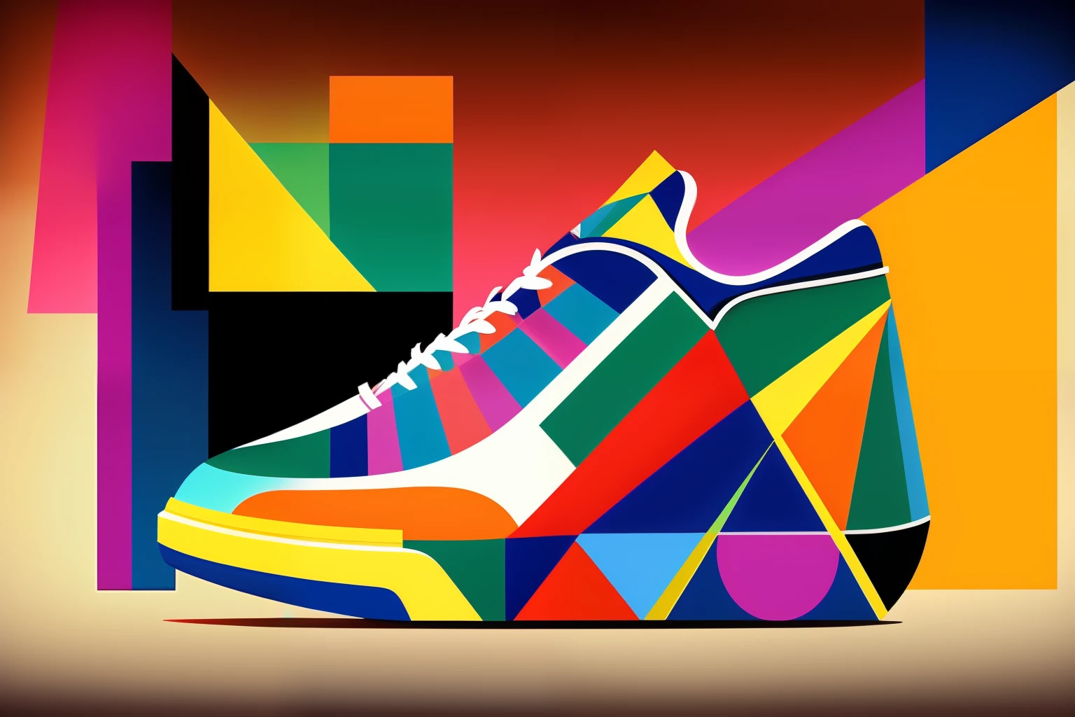 Painted sports shoes surrealist geometric abstraction in Kandinsky style drawing colorful eye