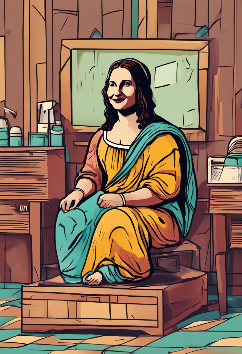 Combining the form of a sanitation worker and a Mona Lisa，Middle-aged woman，Wear sanitation overalls，Kind smile，Pose for the Mona Lisa