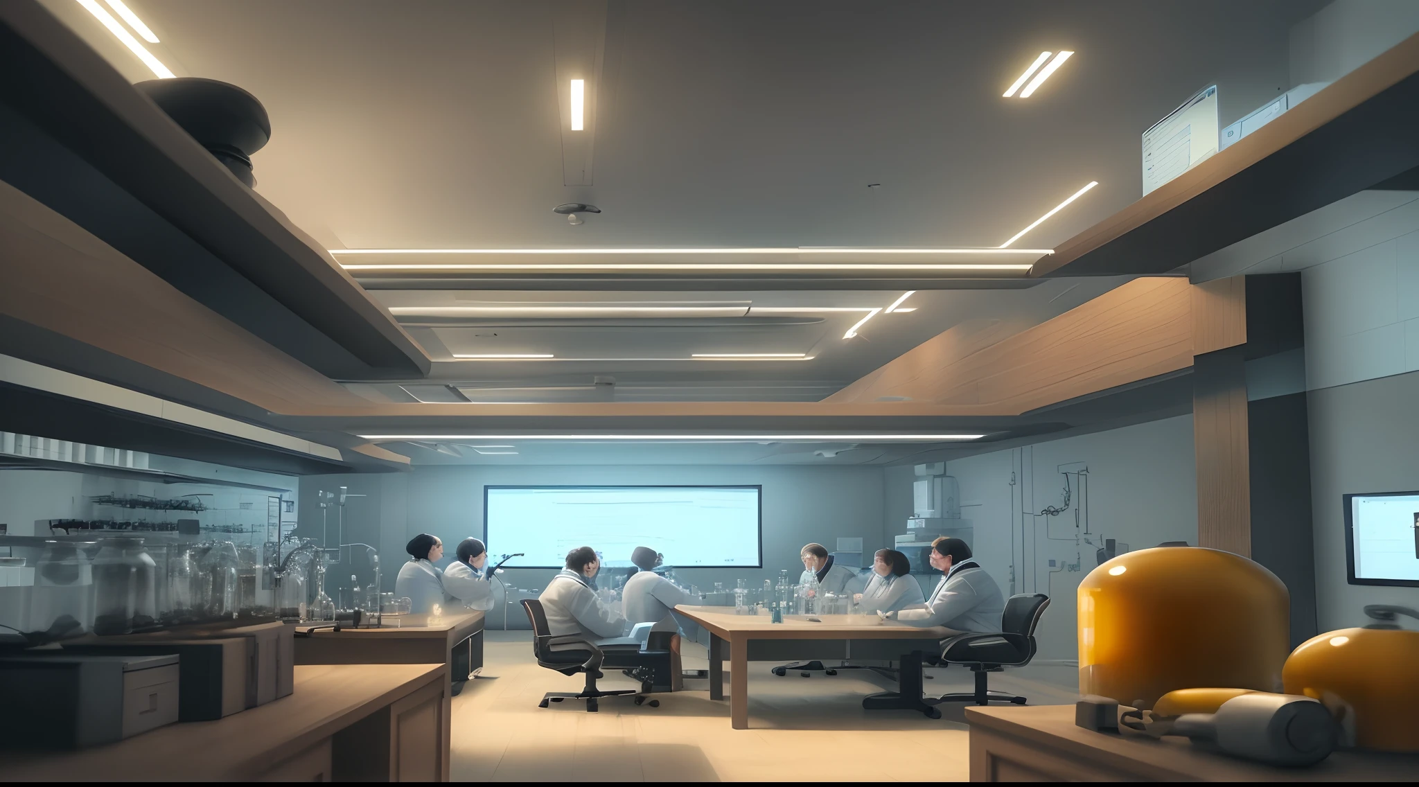 A group of scientists in a room  but they are afraidbof something