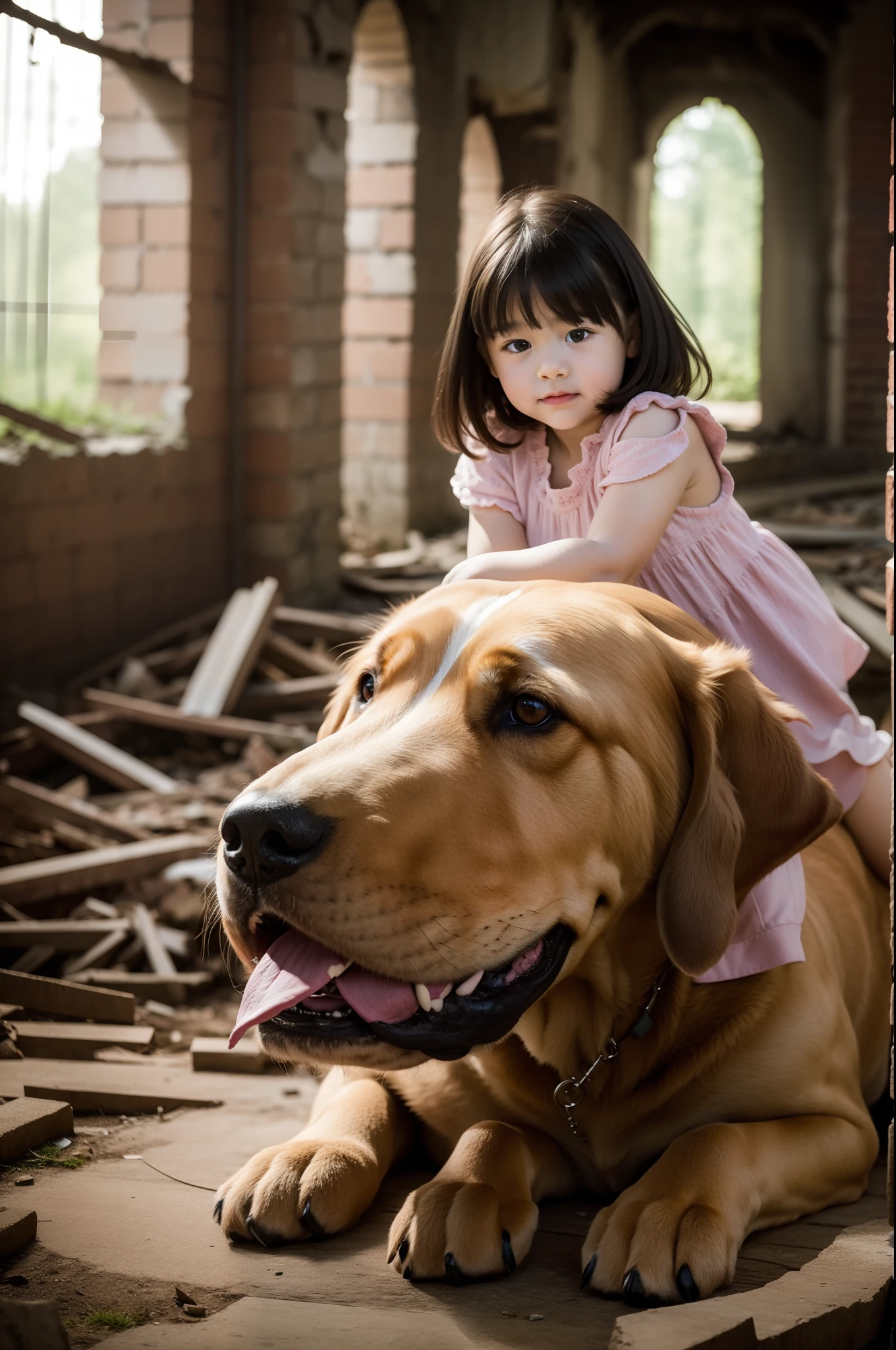 5 girl holding a large dog ,In the ruins,depth of fields,high light,Real light,Ray traching,OC renderer,UE5 renderer,Hyper-realistic,best qualtiy,8K,Works of masters,super-fine,Detailed pubic hair,Correct anatomy