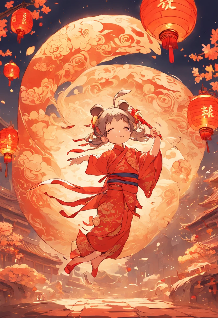 A chubby and cute little fairy, swinging under a osmanthus tree, with a round face, dressed in ancient Chinese clothing, and a little rabbit playing on a huge mooncake. Auspicious clouds, red lanterns, exquisite ancient Chinese architecture, with a huge moon in the background, with vector line illustrations, yellow and red and dark blue tones, abstract picture, surrealism, clear background trend, clear outline light, edge light, fantasy, dappled light, flat illustration, hello kitty style,Disney style, 8k, --ar 9:16 --q 2 --niji 5