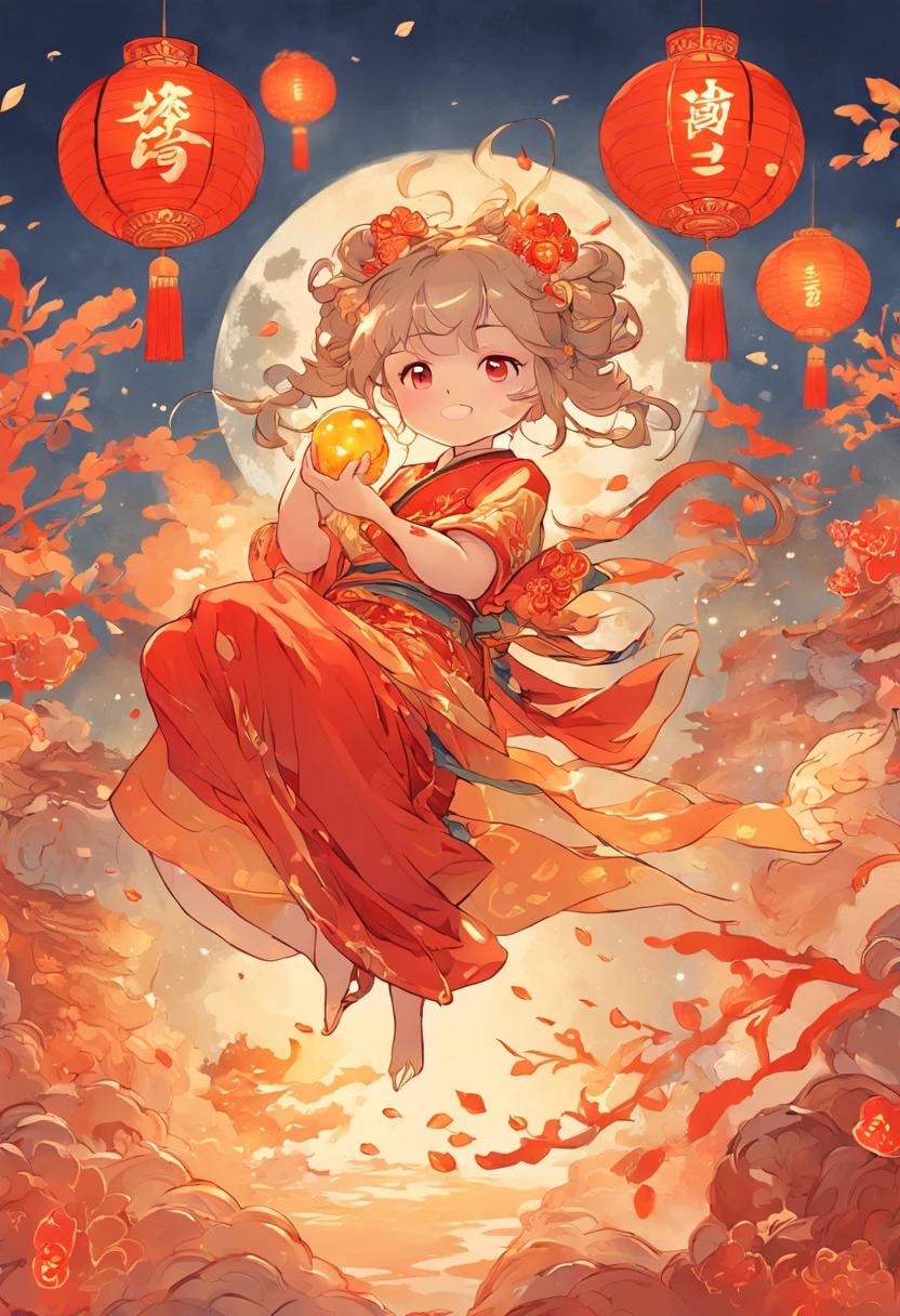 A chubby and cute little fairy, swinging under a osmanthus tree, with a round face, dressed in ancient Chinese clothing, and a little rabbit playing on a huge mooncake. Auspicious clouds, red lanterns, exquisite ancient Chinese architecture, with a huge moon in the background, with vector line illustrations, yellow and red and dark blue tones, abstract picture, surrealism, clear background trend, clear outline light, edge light, fantasy, dappled light, flat illustration, hello kitty style,Disney style, 8k, --ar 9:16 --q 2 --niji 5