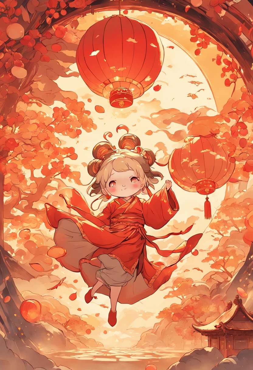 A chubby and cute little fairy, swinging under a osmanthus tree, with a round face, dressed in ancient Chinese clothing, and a little rabbit playing on a huge mooncake. Auspicious clouds, red lanterns, exquisite ancient Chinese architecture, with a huge moon in the background, with vector line illustrations, yellow and red and dark blue tones, abstract picture, surrealism, clear background trend, clear outline light, edge light, fantasy, dappled light, flat illustration, hello kitty style,Disney style, 8k, --ar 9:16 --q 2 --niji 5