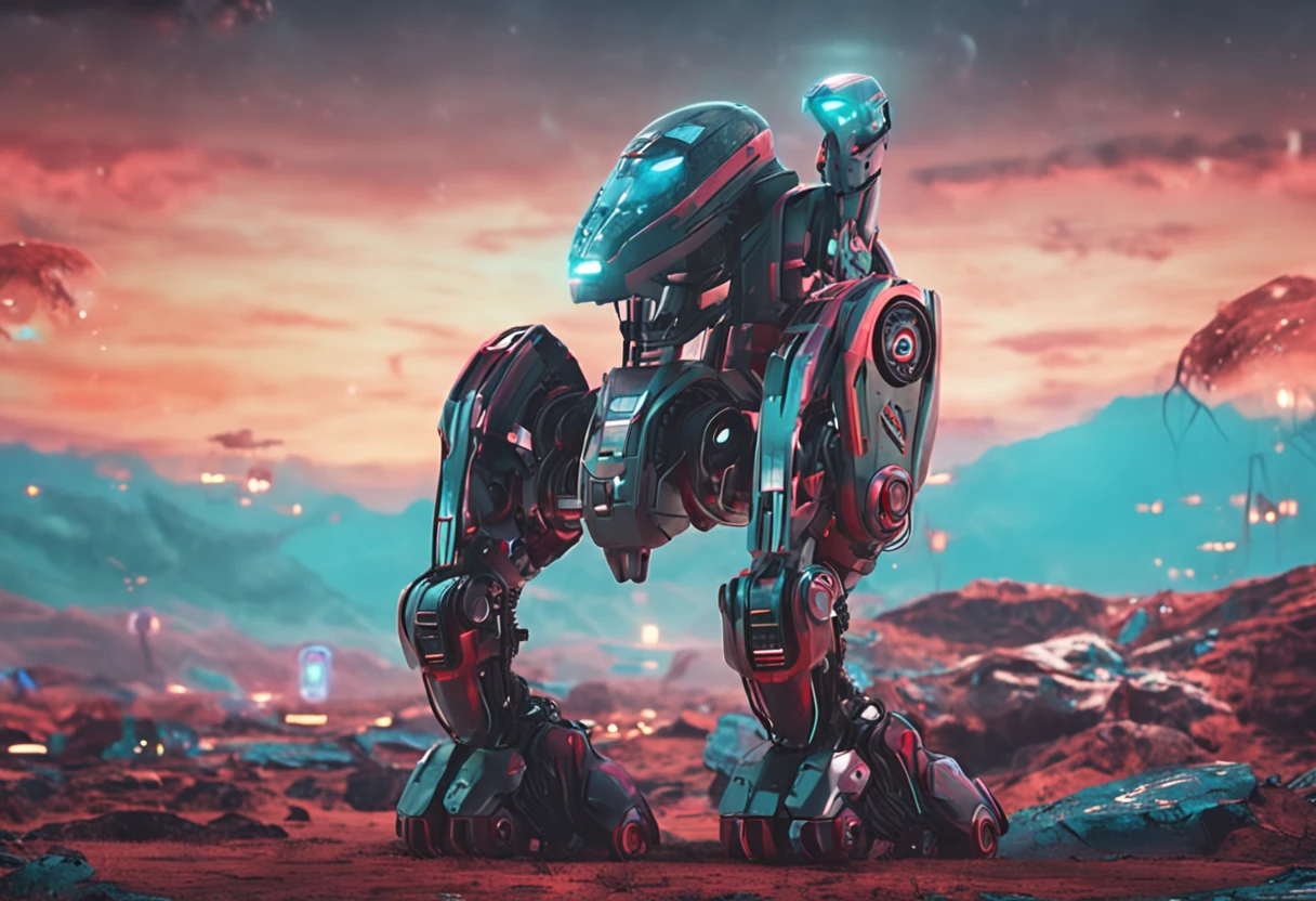 there is a biggest robot humanoid with a futuristic and beautiful design and futuristic Kingdom  planets in background.