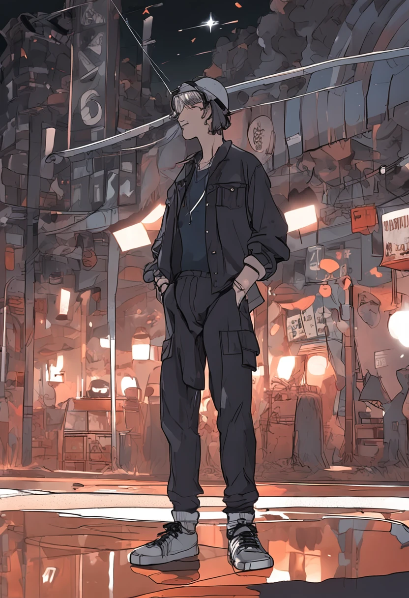 Black suspenders,White suspenders,Split head in gray,18-year-old boy,Dance with a basketball
