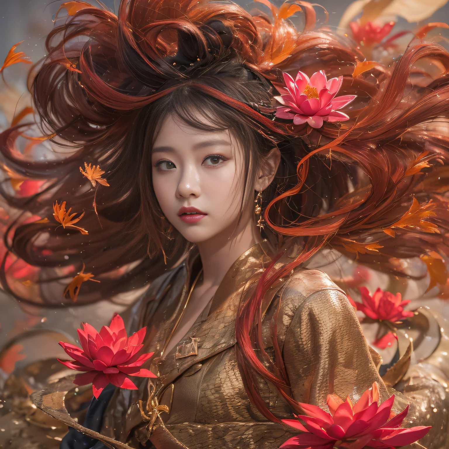 32K(tmasterpiece,k hd,hyper HD,32K)Flowing ball hairs,Flowing rouge,ponds,zydink, a color, Asian people (Silly girl), (Silk scarf), Combat posture, looking at the ground, Flowing ball hairs, Flowing rouge curls, Crocodile leather tiara, Chinese long-sleeved clothing, (abstract ink splash:1.2), Pink lotus background,Water lily flower protector(realisticlying:1.4),Rouge hair,Autumn is in full swing,The background is pure, A high resolution, the detail, RAW photogr, Sharp Re, Nikon D850 Film Stock Photo by Jefferies Lee 4 Kodak Portra 400 Camera F1.6 shots, Rich colors, ultra-realistic vivid textures, Dramatic lighting, Unreal Engine Art Station Trend, cinestir 800,Flowing ball hairs,Flowing rouge