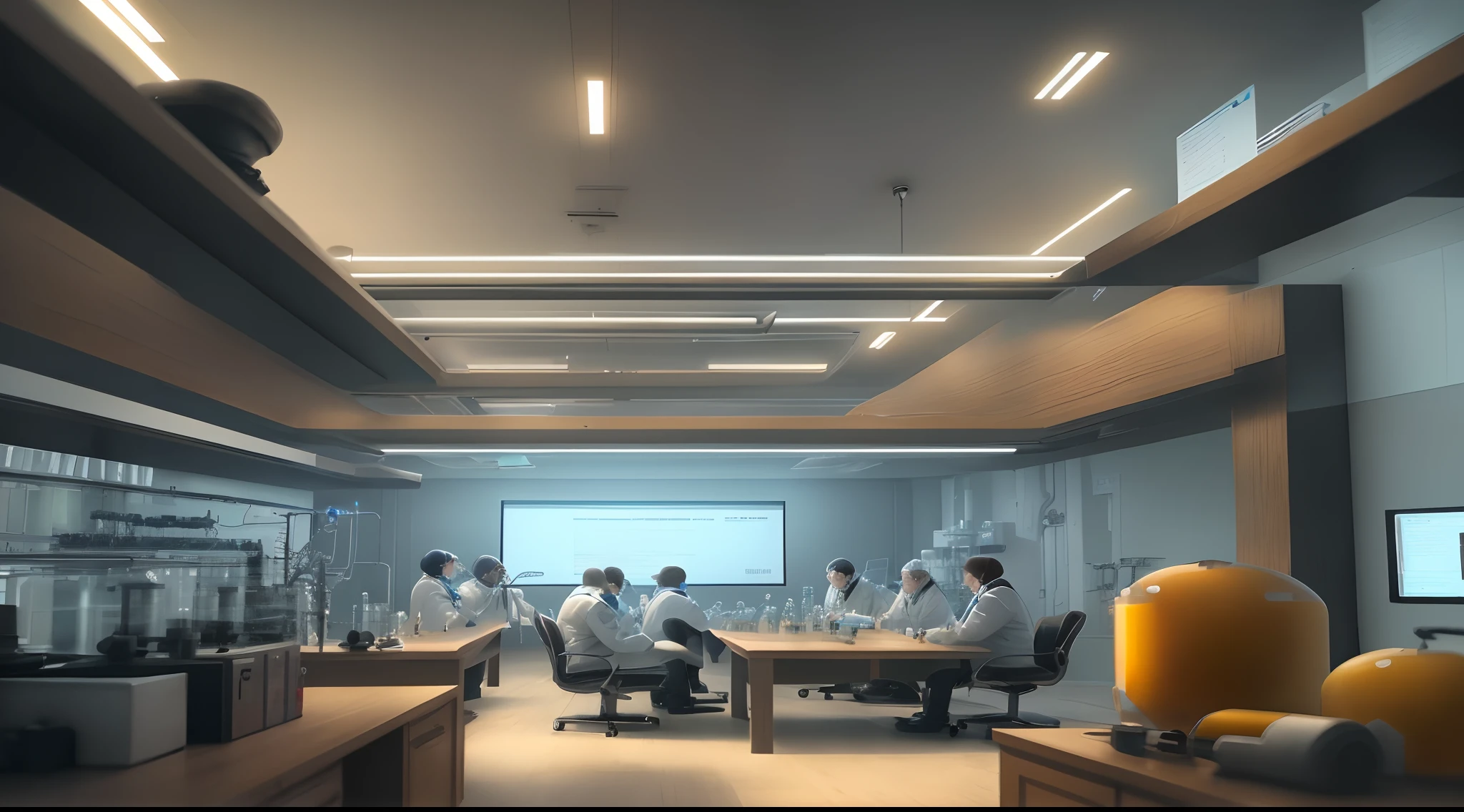 A group of scientists in a room  but they are afraidbof something